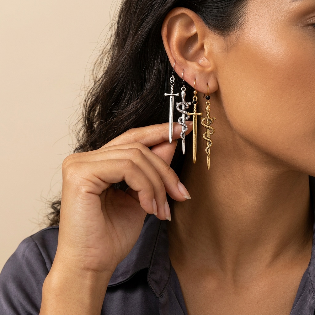4pcs Gothic Style Serpent-Wrapped Long Sword Earrings Set