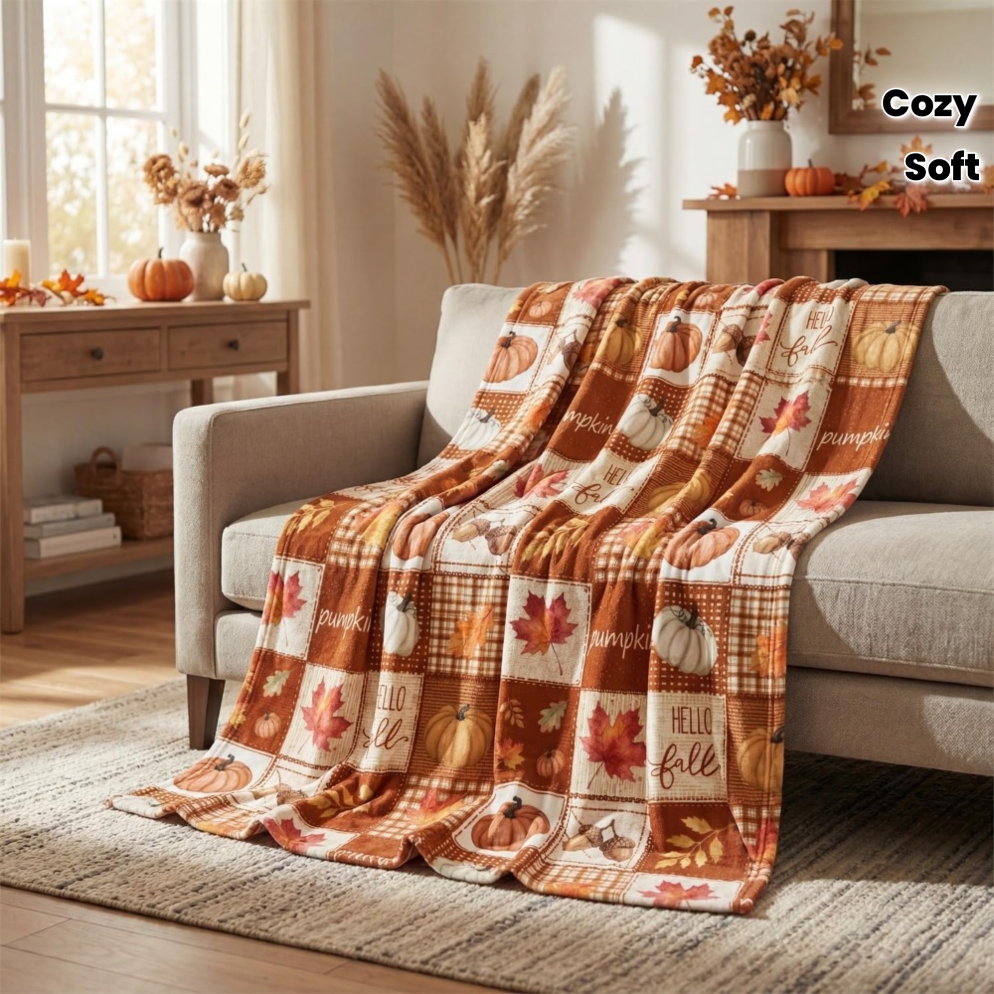 TEMU 1pc, Autumn Flannel Blanket, Thanksgiving Orange-brown Checkered Pumpkin Leaf Pattern, Single-sided Print, Soft Plush And Comfortable Blanket,