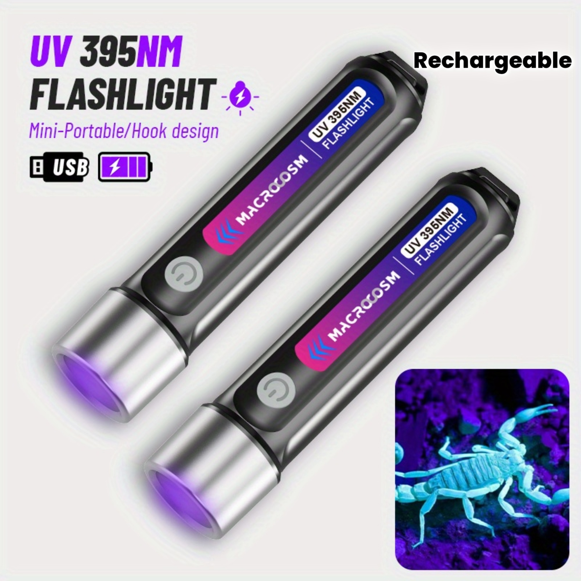 2pcs 395nm UV LED Flashlights - USB Rechargeable, High-Power for Urine & Scorpion Detection, Resin Curing, Pet Stain Removal, Camping & Fishing, Hotel Inspection, Nail Lamp, Portable