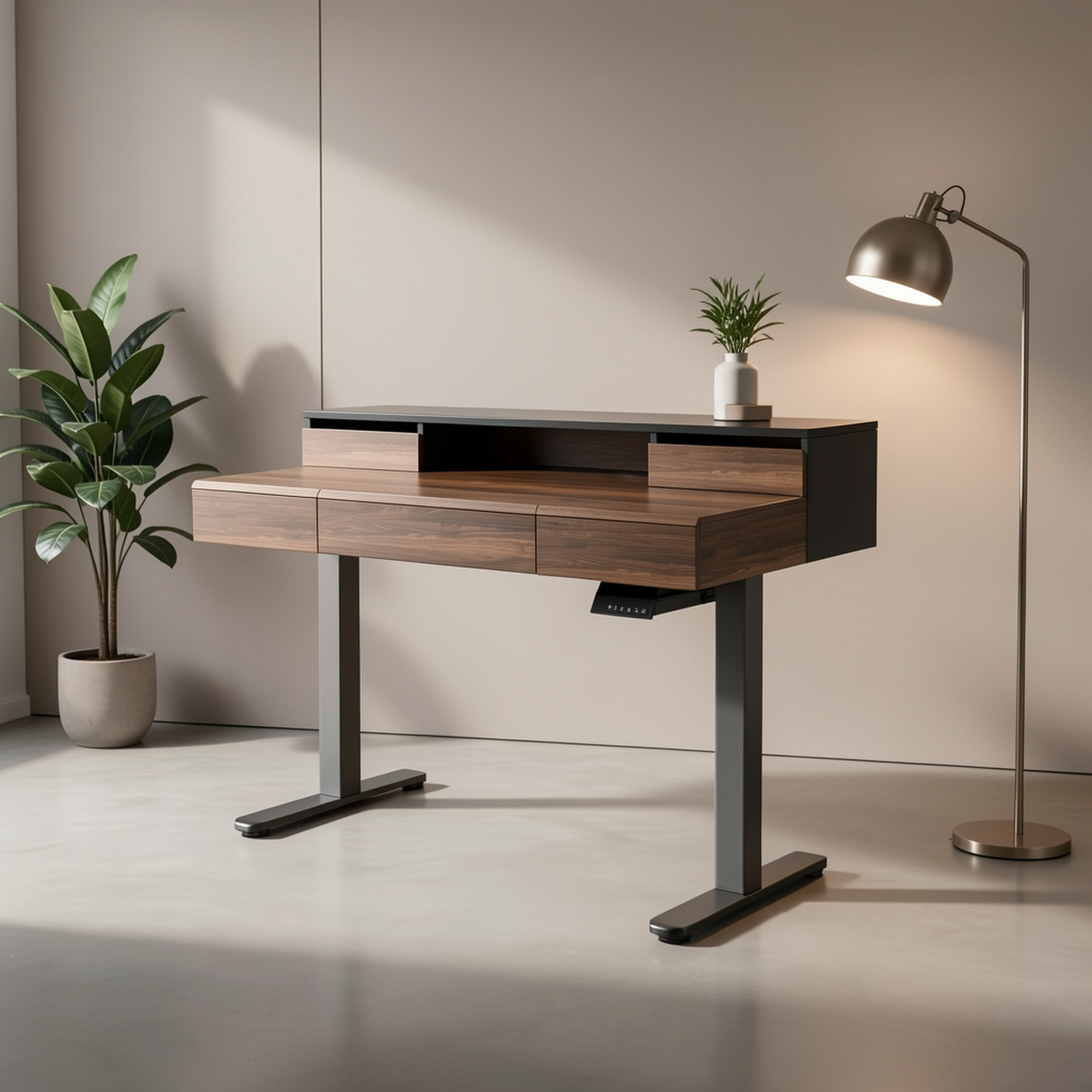 Electric Standing Desk with Drawers | 48 Inches Height Adjustable, Monitor Shelf, Whole-Piece Board, 4 Memory Height Settings, Classic Wood Color, PERLECARE