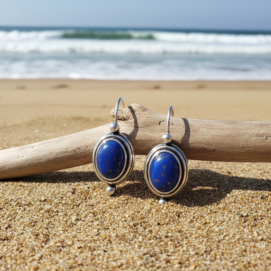 Vintage Lapis Lazuli Inlaid Copper Drop Dangle Earrings
