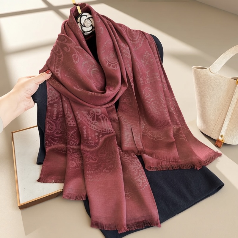Large Red Bohemian-Style Paisley Jacquard Scarf for Women