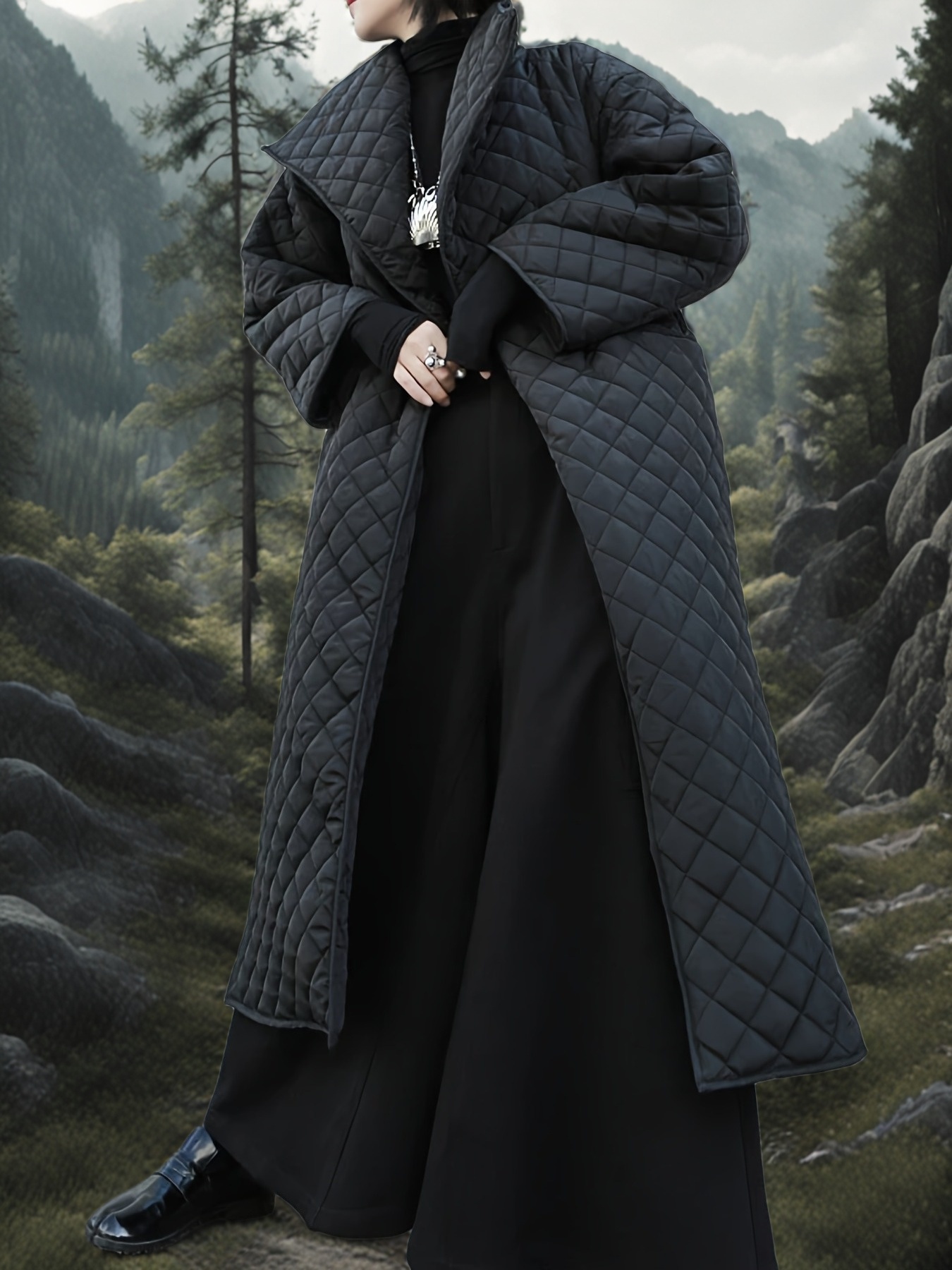 Women S Elegant Solid Color Long Quilted Warm Coat with a Fashionable Collar, Cold-Resistant Pockets, And a Belted Design for Winter, Featuring Drop Shoulder Sleeves And Side Slits (Without Belt)