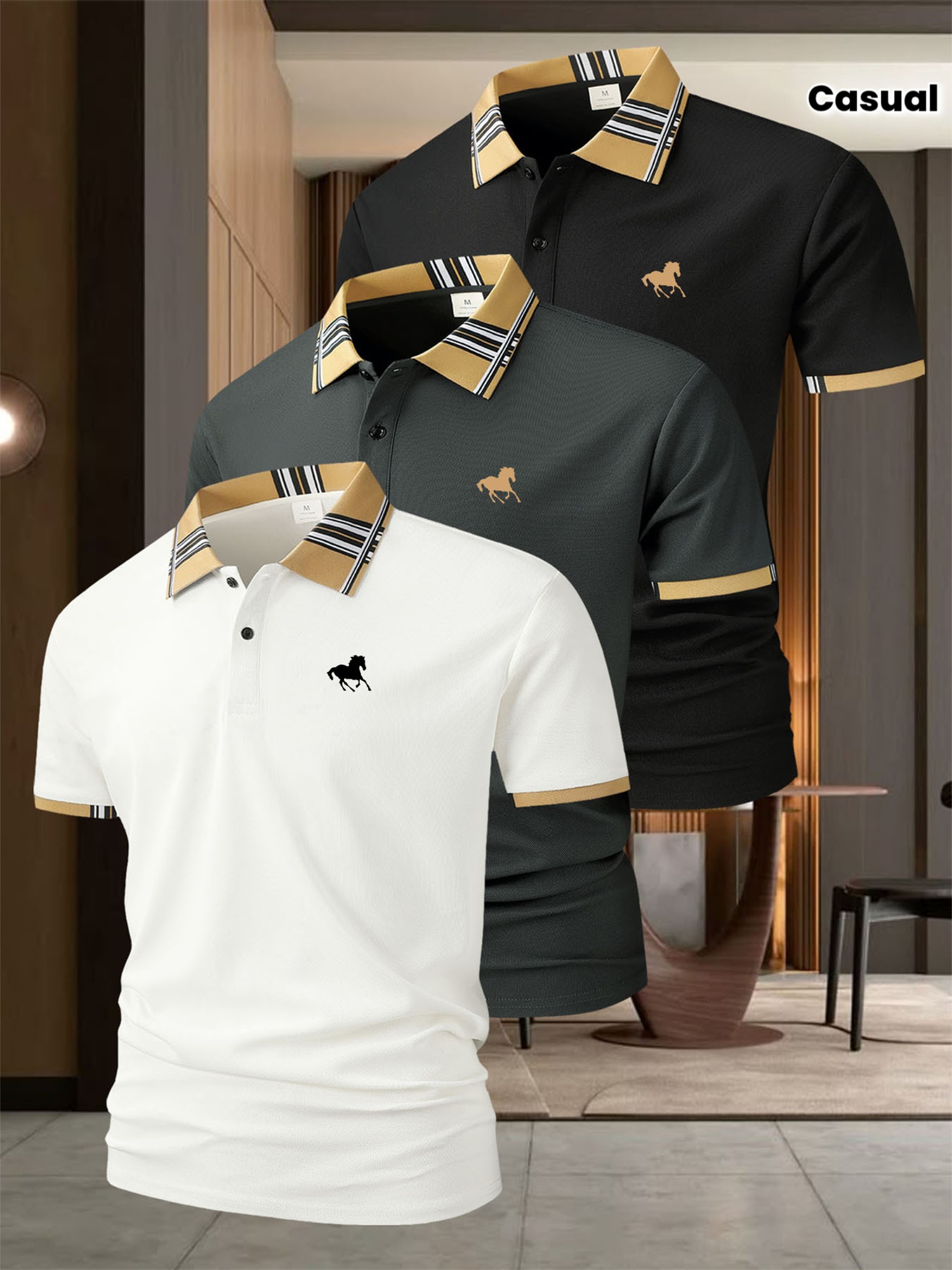 [Horse Racing Polo Set] AA046 Right Horse Racing Print Three-Piece Set Milanese British Style Men's Casual Short-Sleeved Shirt Popular Plaid Collar Golf Clothing Men's Outdoor Sports Polo Shirt Lapel Polo Shirt Men's Polo T-Shirt