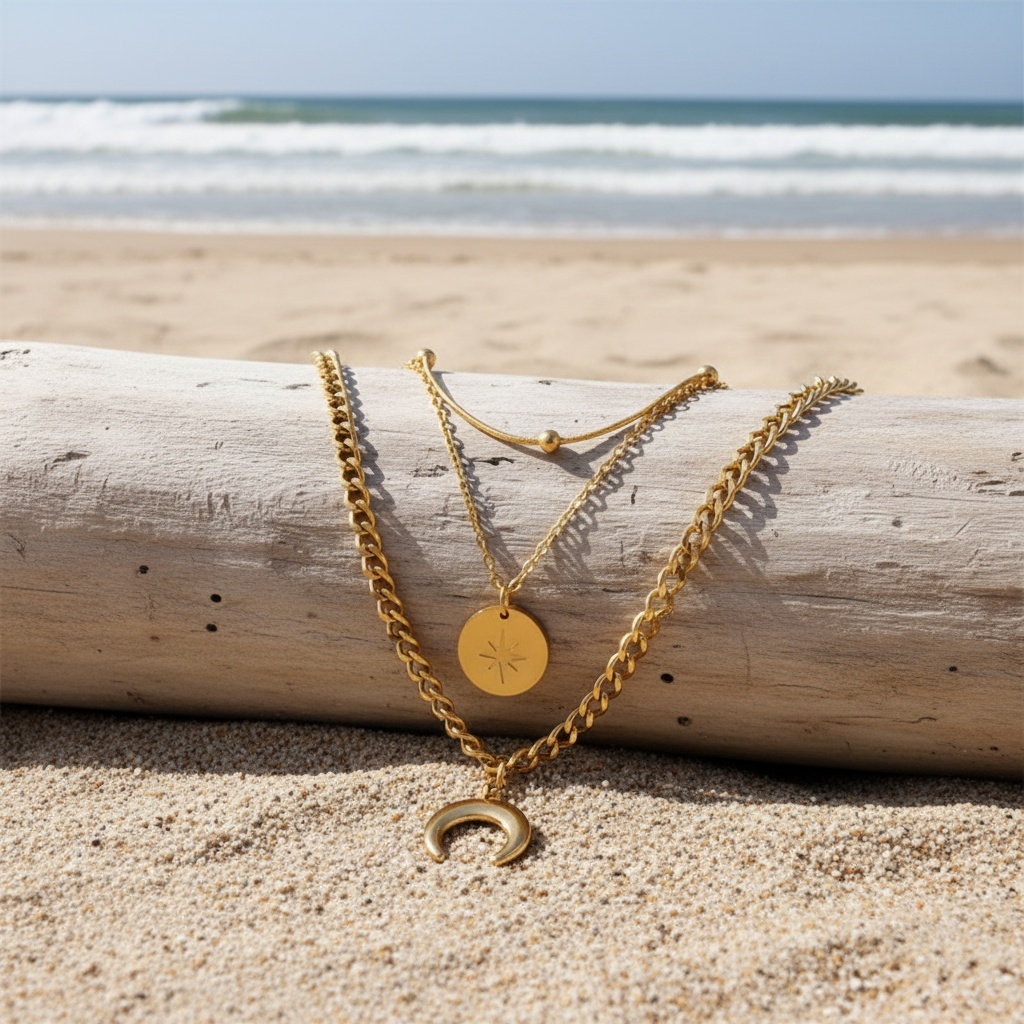 Multi-Layered Crescent Pendant Necklace with Overlapping Stars & Moon