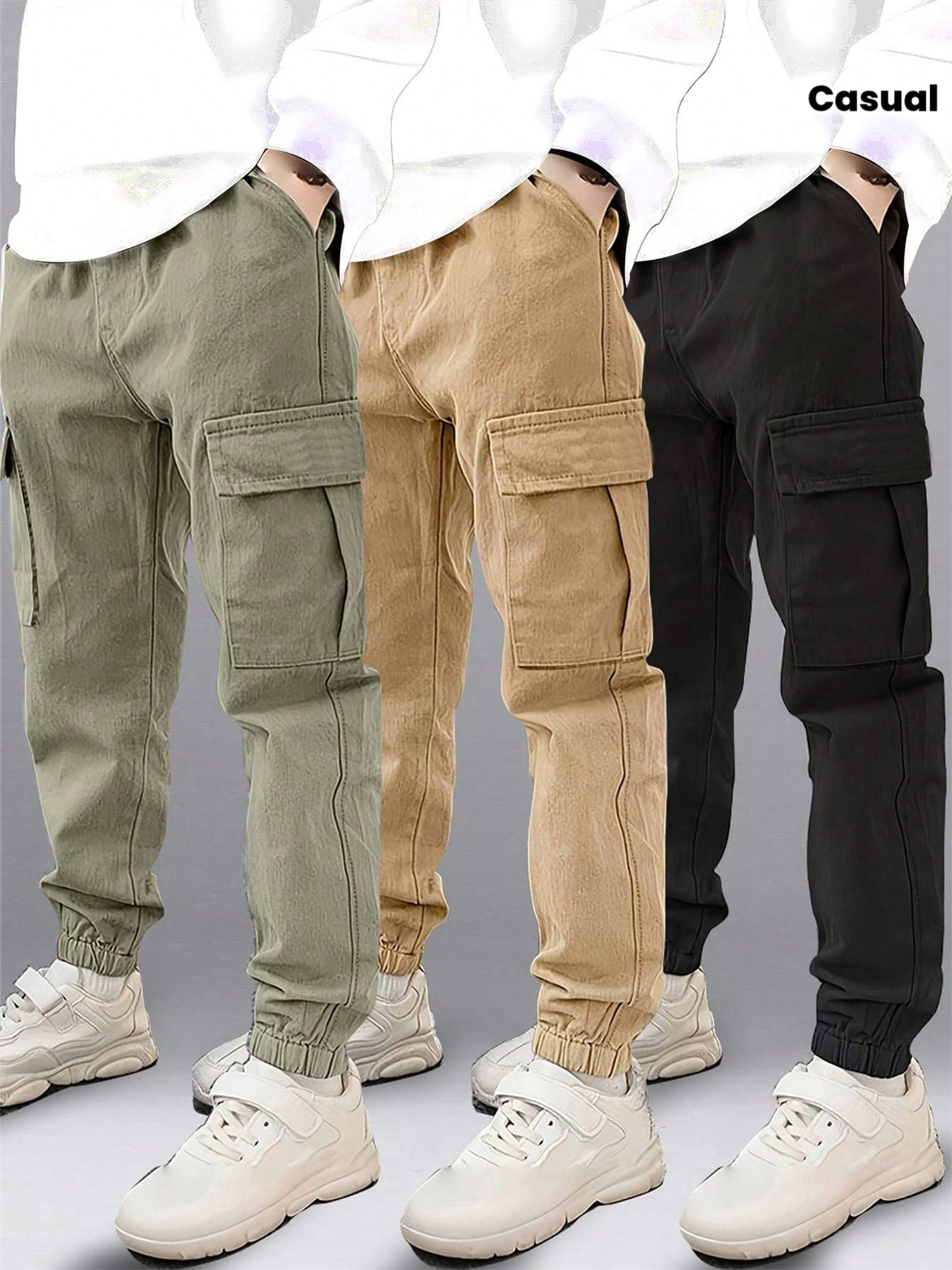 3pcs Tween Boy Easy Casual Outdoor Workout Sports Multi-Pocket Ankle-Tied Cargo Pants, Suitable for Spring And Autumn, for Outdoor