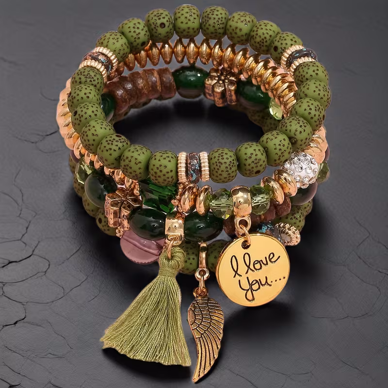 set of 4 mens bohemian vintage tassel elastic bracelets with wings and i love you pendant suitable for everyday wear or holidays perfect as a gift for special occasions details 1