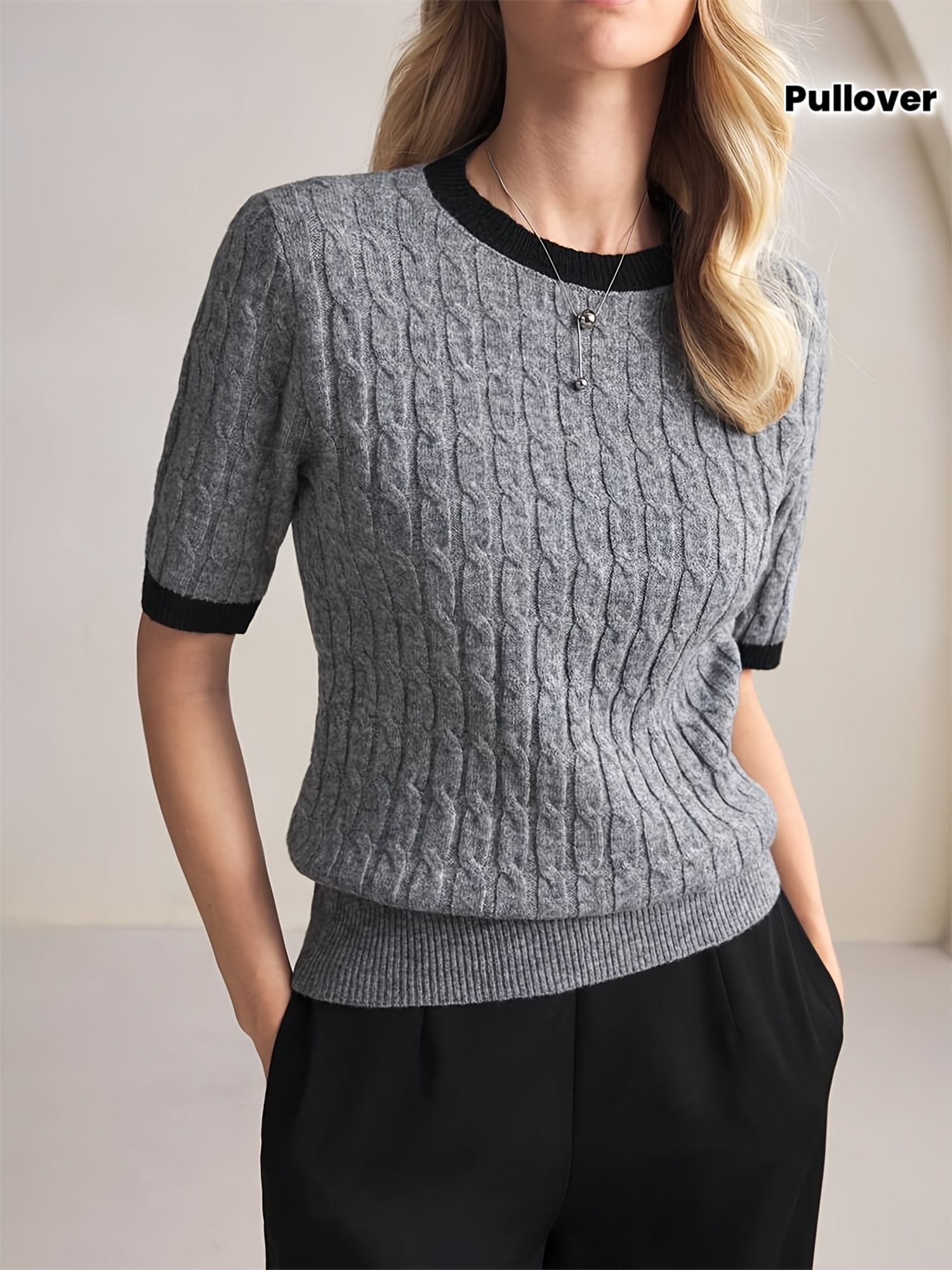 New Fashionable Elegant Simple Casual Daily Round Neck Color-blocked Mid-sleeve Braid Texture Pullover