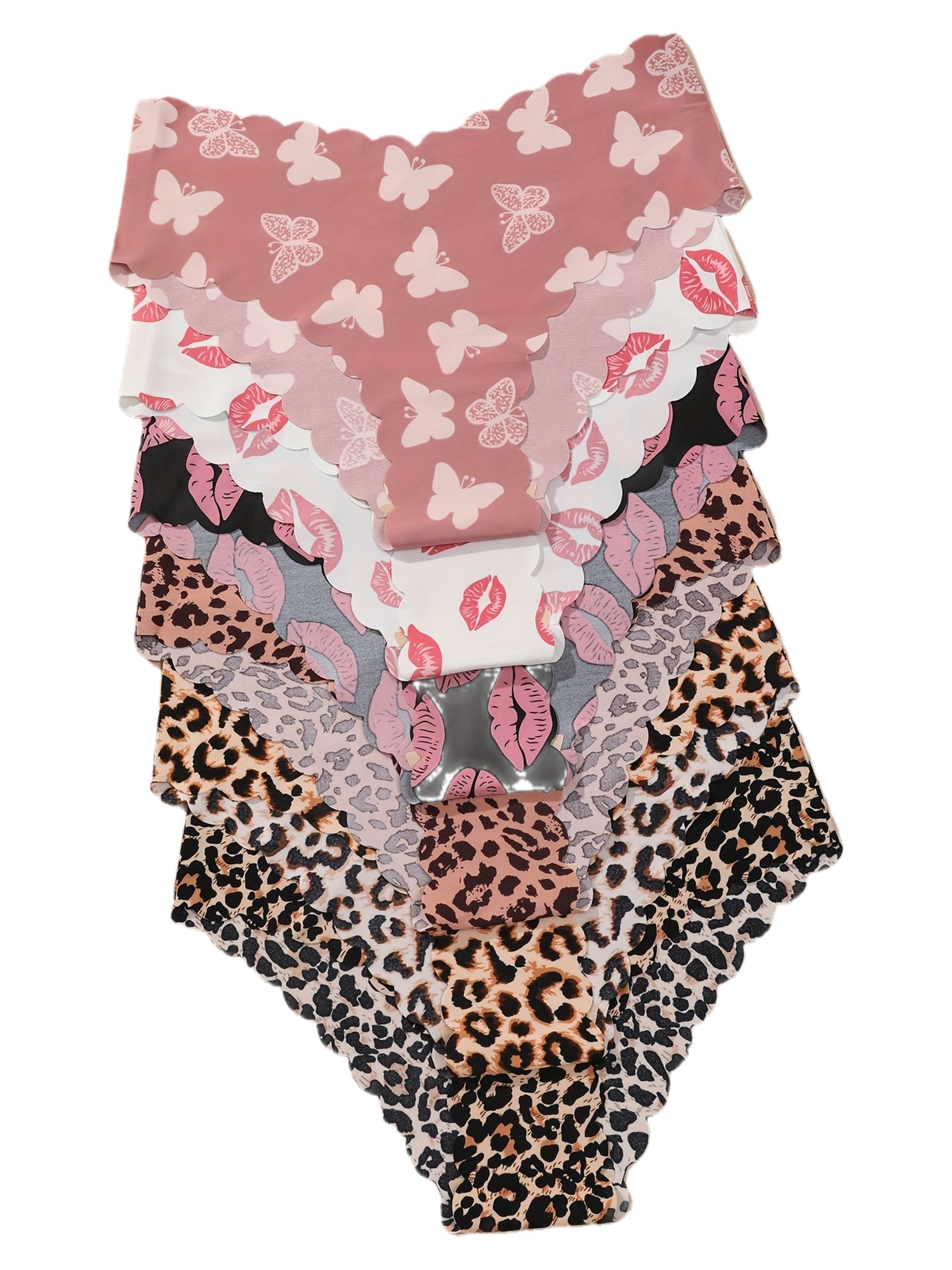 6pcs of Women'S Seamless Wave-Style Bikini Underwear - Soft And Comfortable Low-Rise Fashionable Lingerie, Available in Various Prints (Butterflies, Lips, Leopard Print, Etc.), with Fan-Shaped Edges, Smooth Fit, And Breathable Material