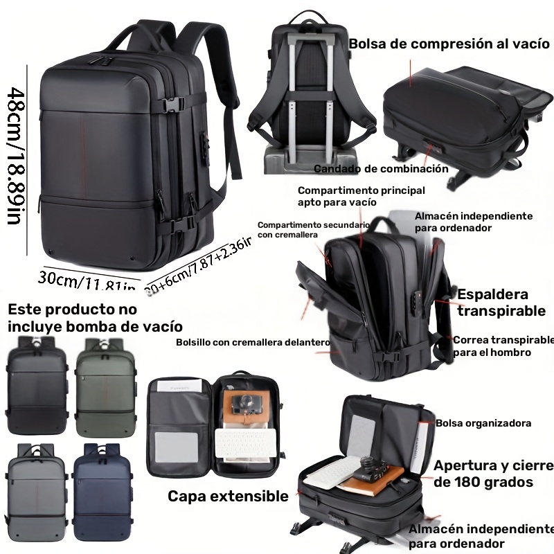 Bolso de fitness con mochila de compresión al vacío expandible, maletín de negocios de gran capacidad, bolso multifuncional para computadora