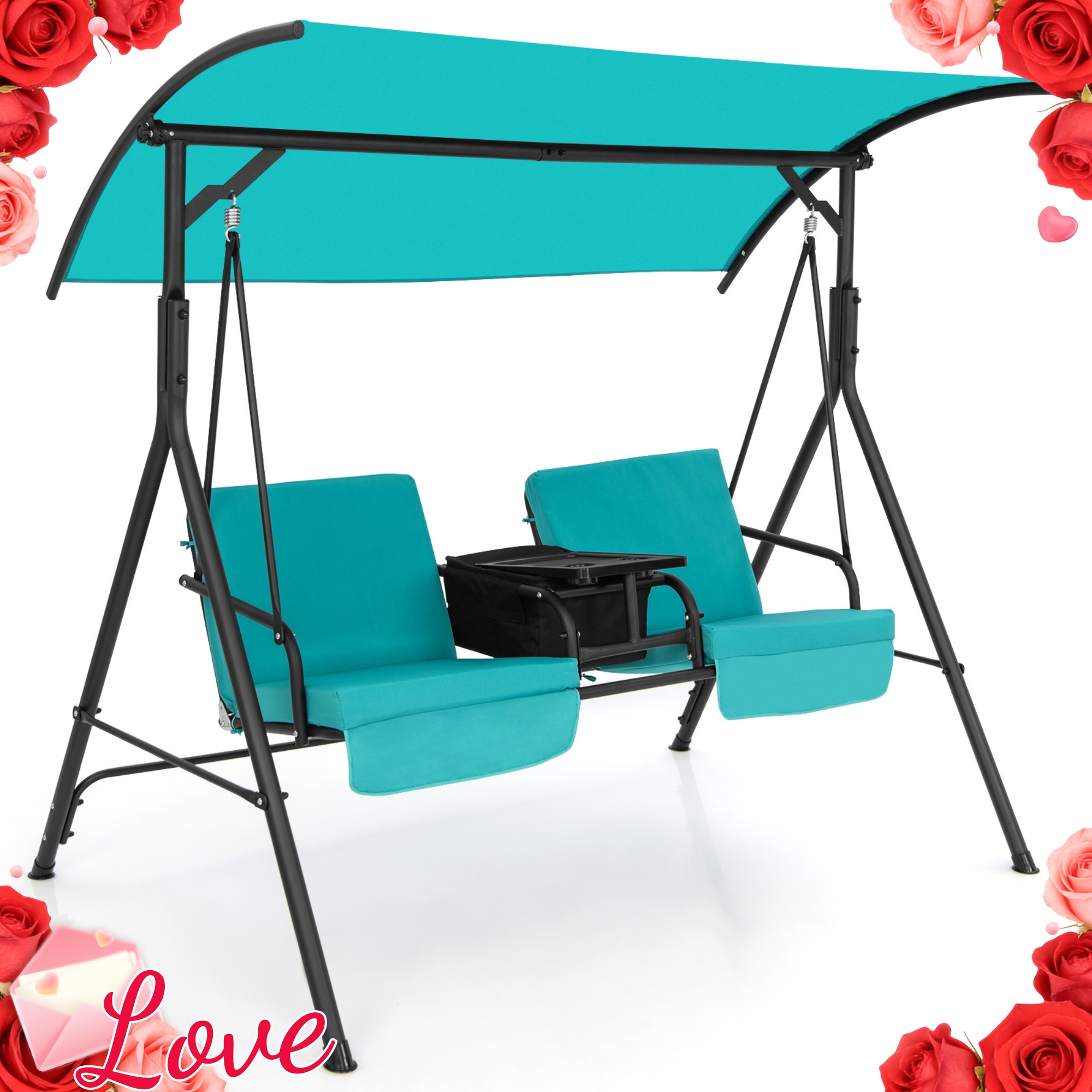 LIFEZEAL Porch Swing Chair with Adjustable Canopy, 2-Person Swing Chair with Cooler Bag, Rotatable Tray and Removable Cushions, Outdoor Canopy Swing Loveseat for Backyard Balcony Poolside.