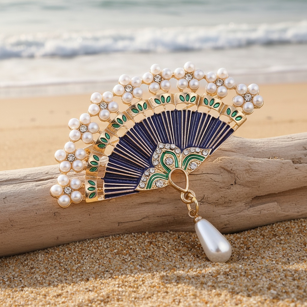 Chinese Style Vintage Bamboo Fan Pendant Brooch with Imitation Pearls