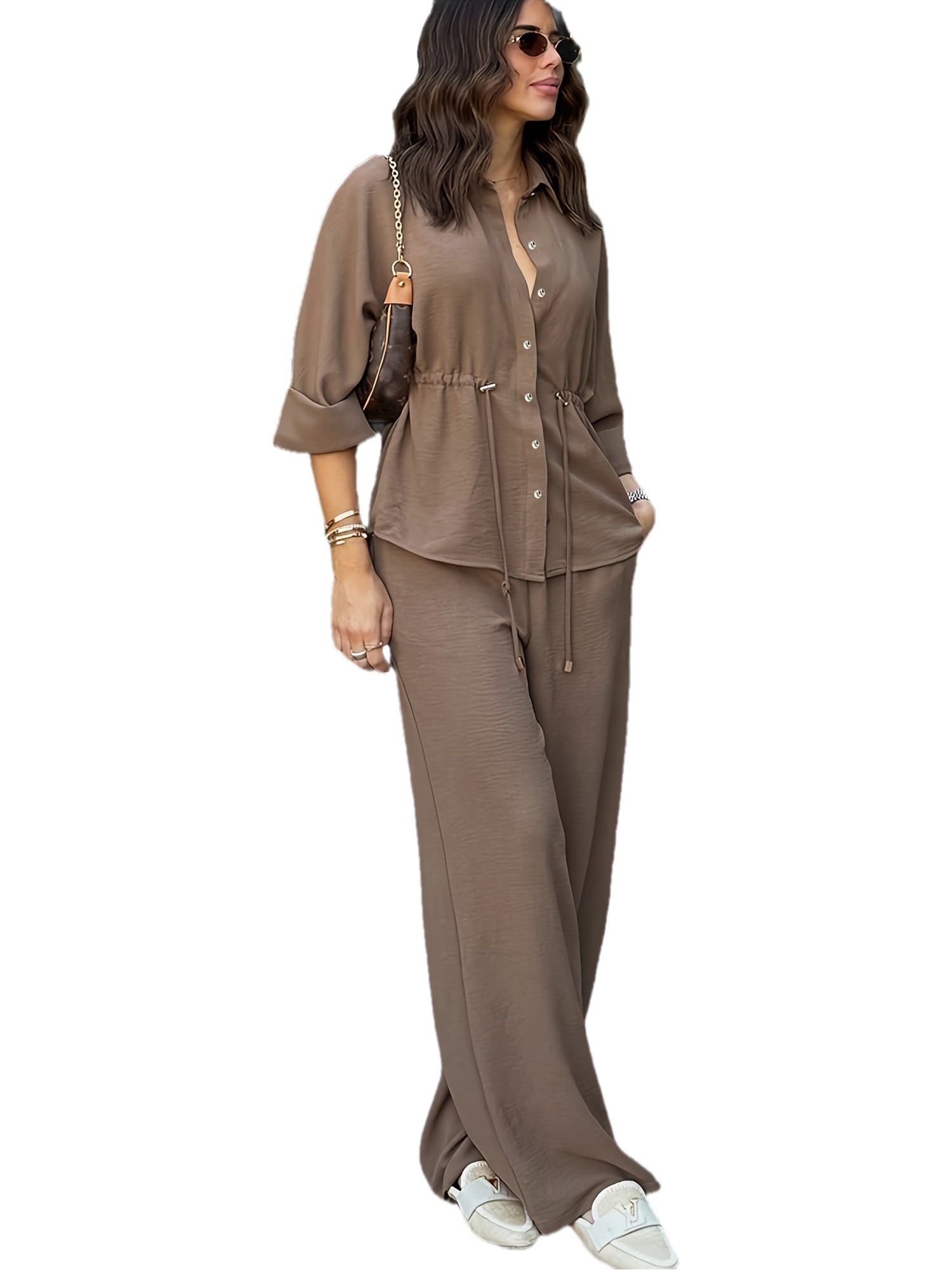 SQ25071028 Women's 2pcs Casual Comfortable Top and Wide-Leg Elastic Waist Pants, Button Cardigan Simple Loose Fit Outfit