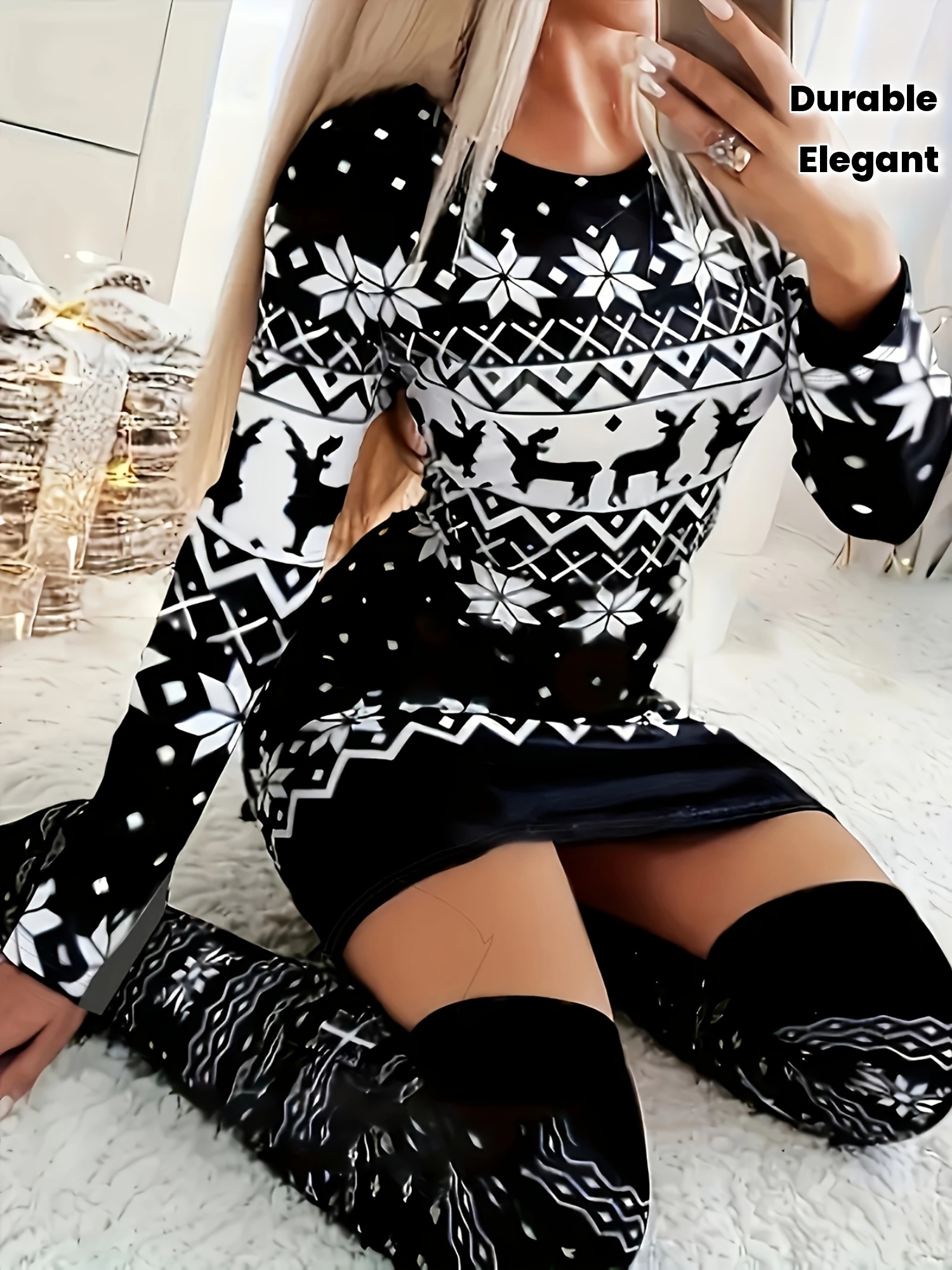 节日定向新款秋冬季圣诞元素圆领长袖女士包臀裙 商品详情 1