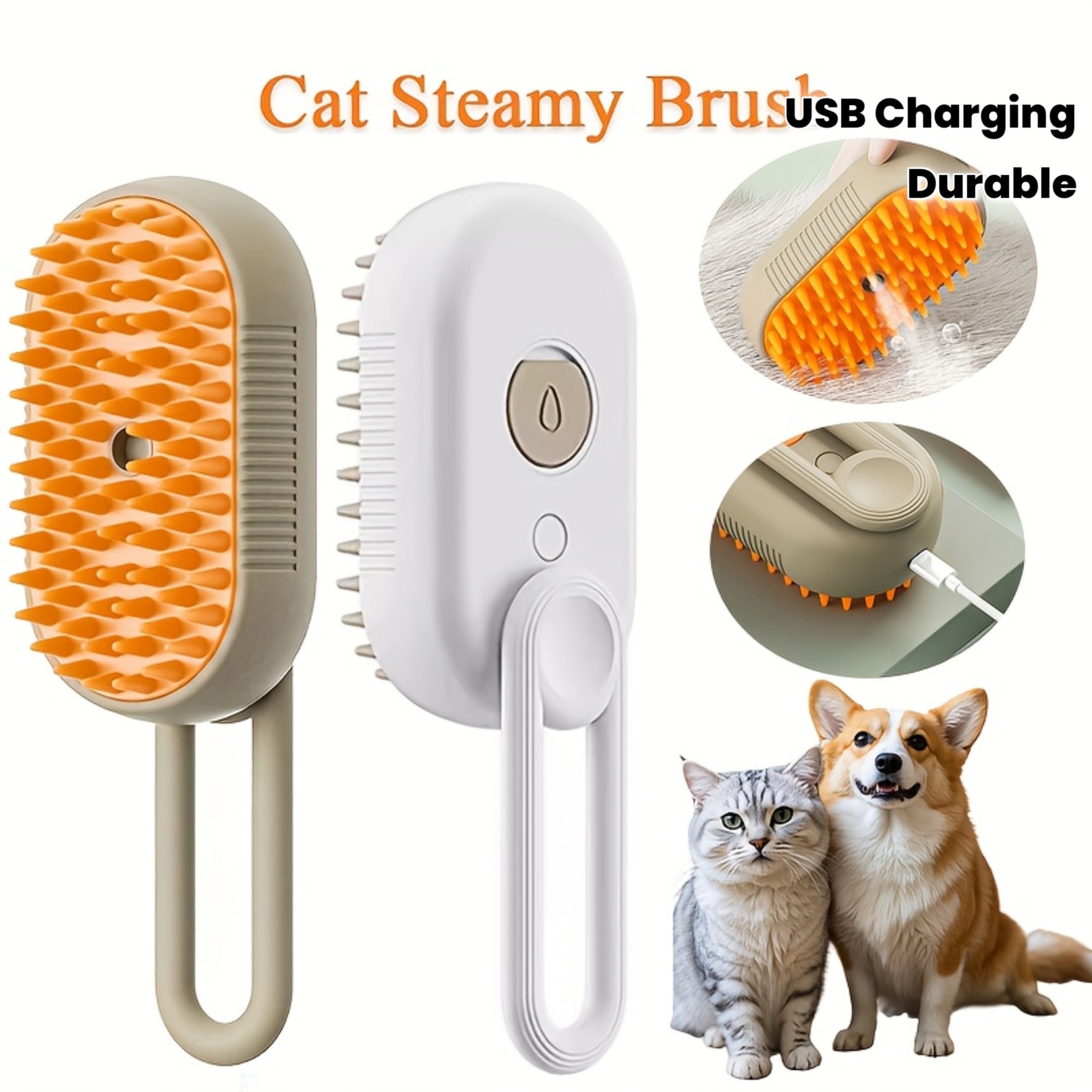 MIAOQUANJI Escoba de vapor para gatos - Herramienta de aseo para mascotas recargable por USB con mango ergonómico, cerdas suaves para desenredar y diseño ergonómico para gatos y perros - Elimina el pelo suelto, reduce la caída del pelo, promueve un pelaje saludable, herramienta de aseo para gatos, diseño de mango elegante, construcción duradera