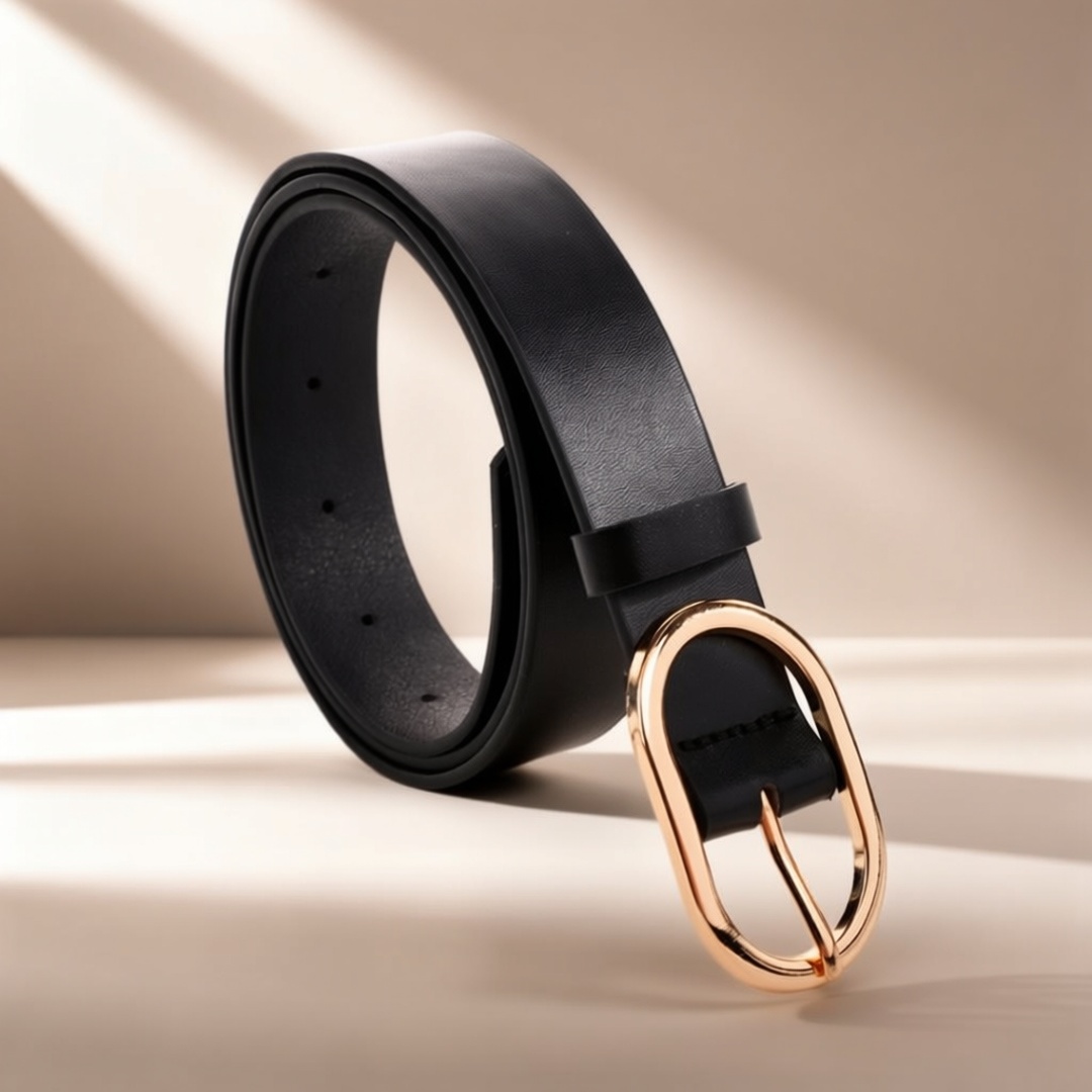 Women's Light Luxury Black Thin Belt with Golden Oval Buckle