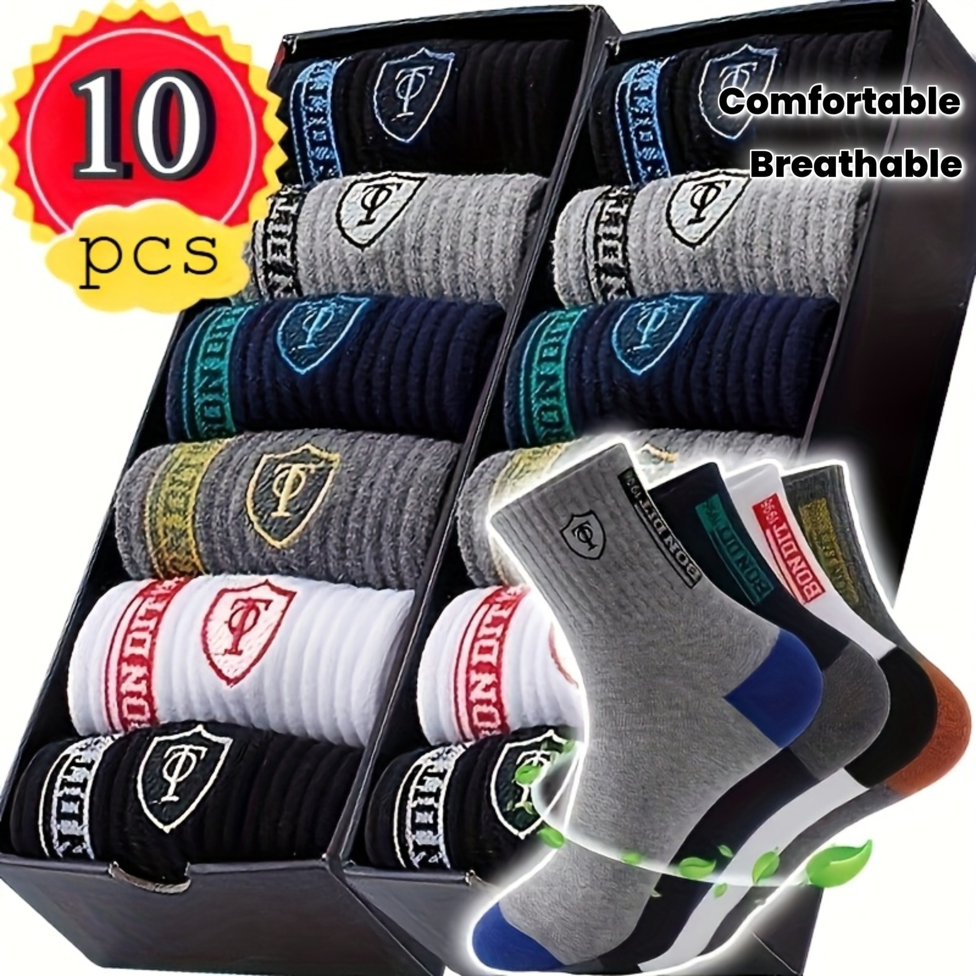 10pcs/5 Pairs Men's All-Season Sports Socks, Comfortable Breathable Thick Warm Socks for Autumn and Winter