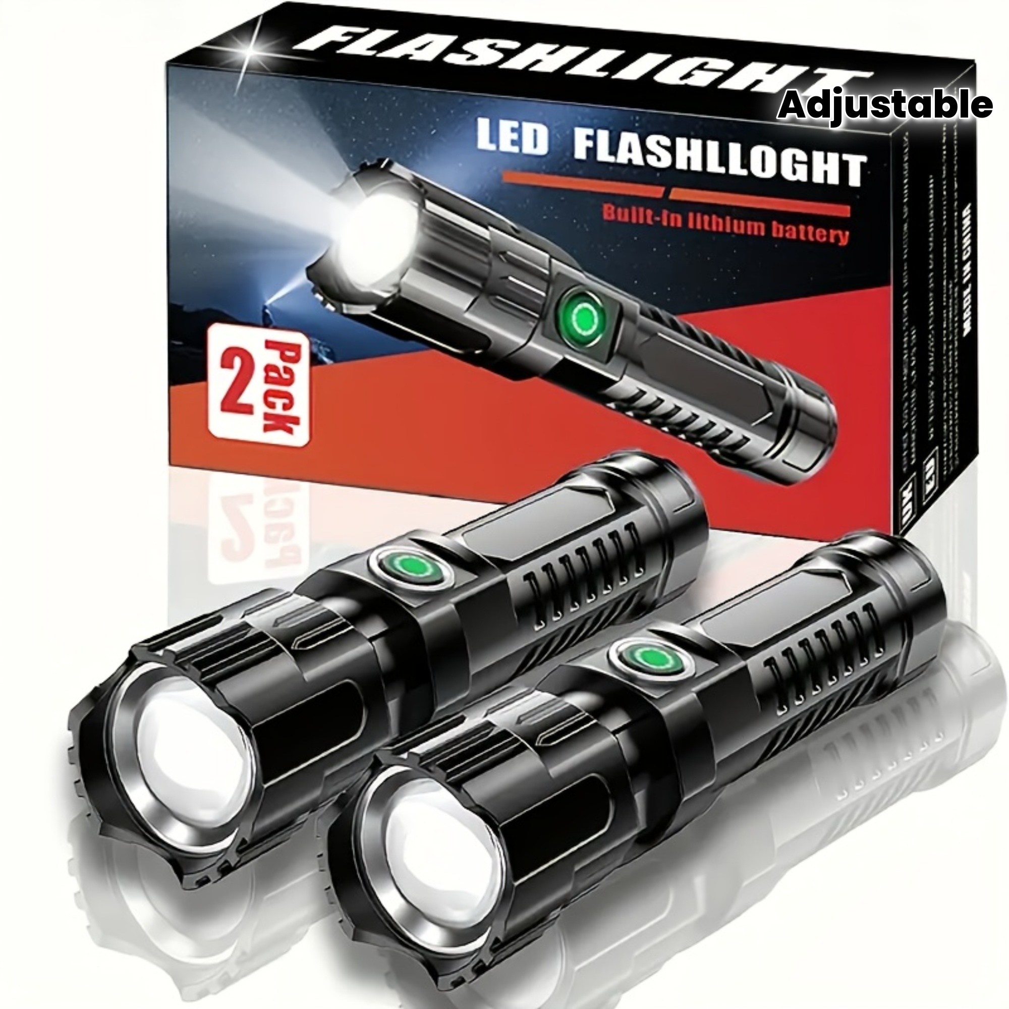 2-Pack Portable Camping High Lumen LED Tactical Flashlight with 3-Mode Adjustable Zoom