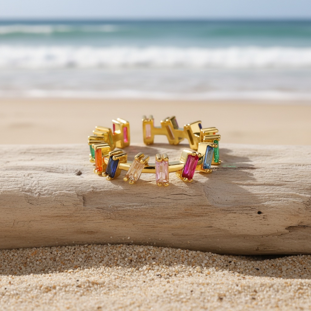 Open Ring with Inlaid Colored Synthetic Zirconia, Bohemian Style