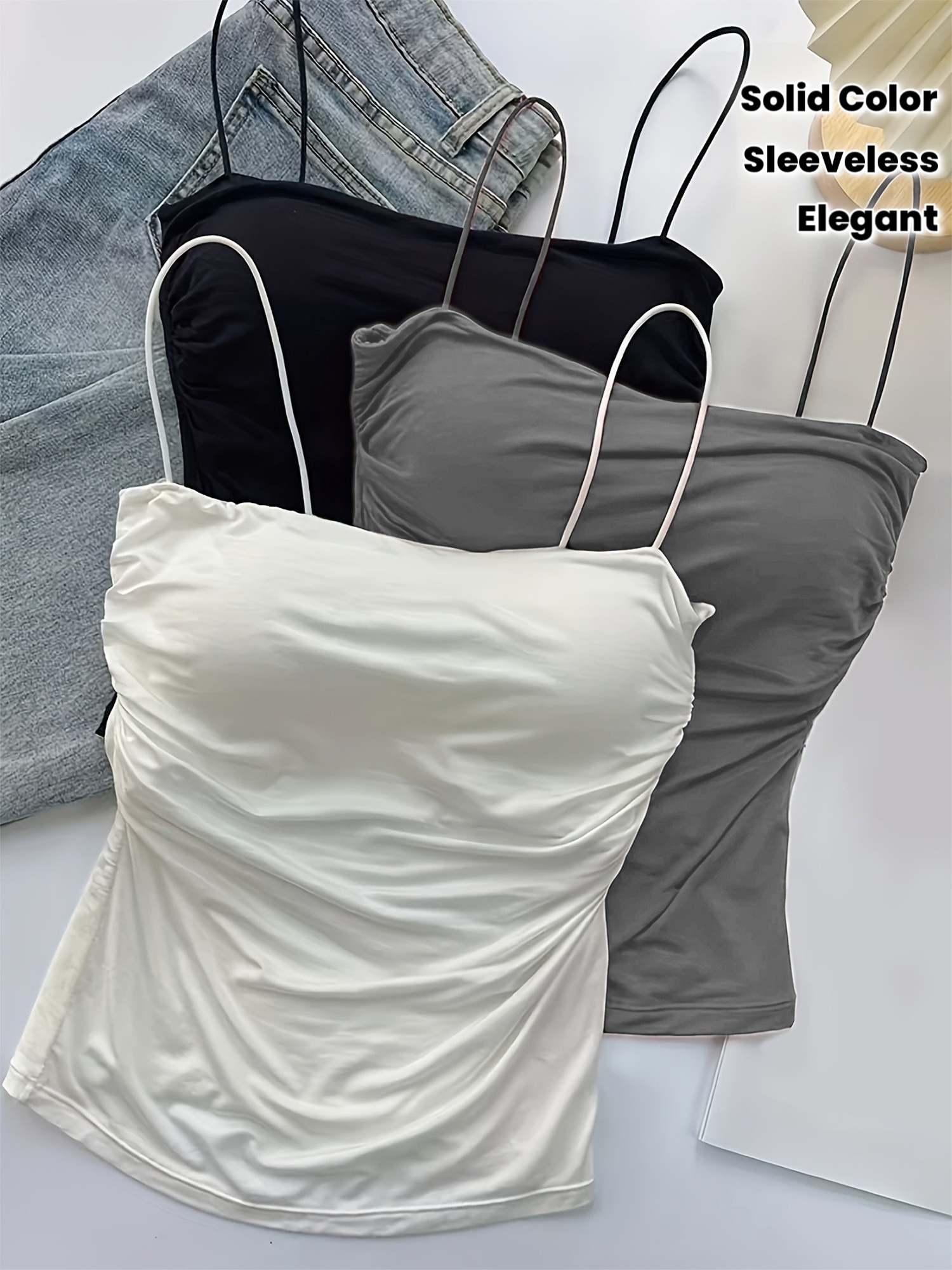 3pcs   elegant womens cami set ruched waist design suitable for spring summer and  