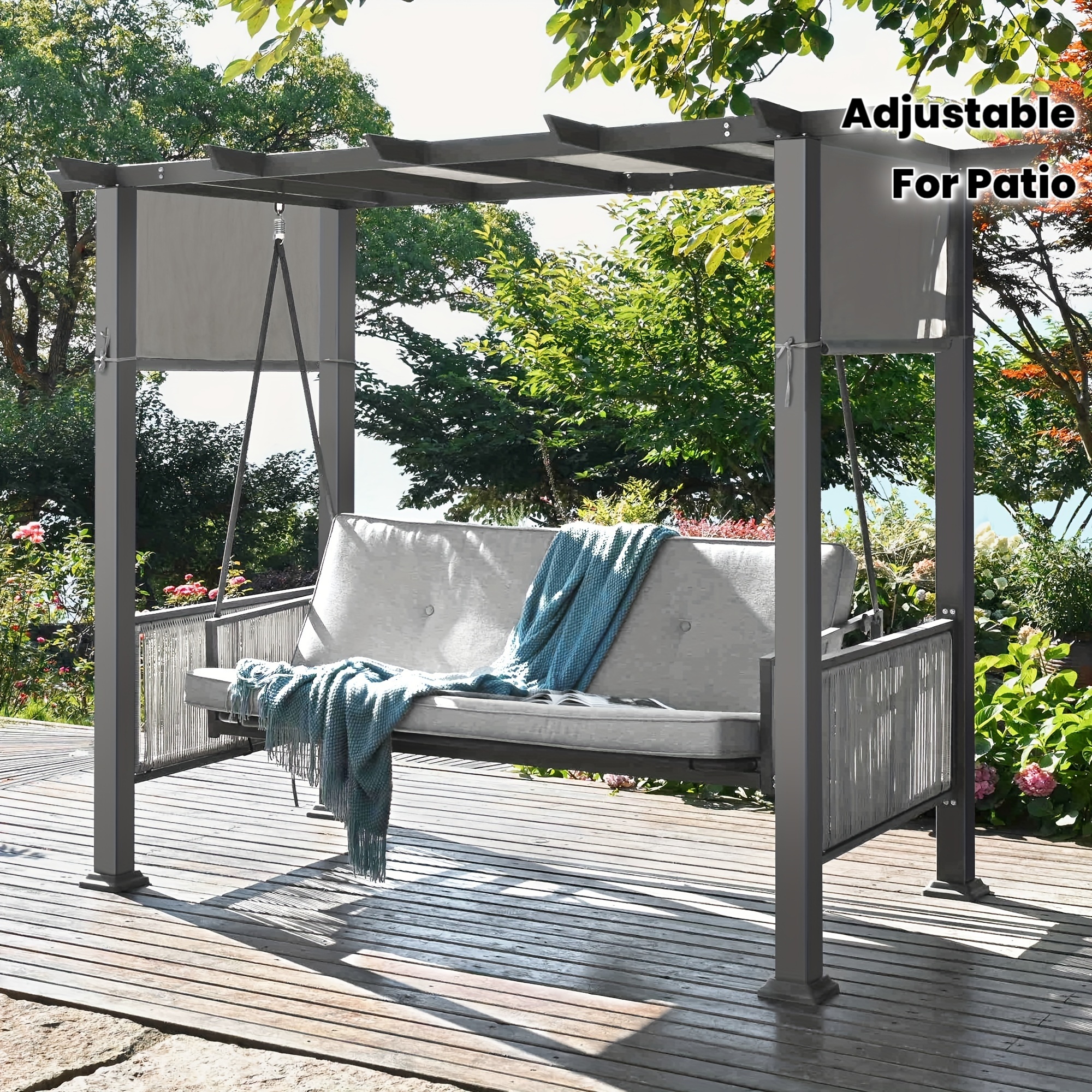 Patiopia 3-Seat Outdoor Porch Swing, Patio Swing Chair with Adjustable Curtains, 2in 1 Porch Swing Bed for Balconies, Gardens And Poolside, Gray, Porch Swing For Outside, Outdoor Patio Swing, Outdoor Furniture, Swing Chair Outdoor