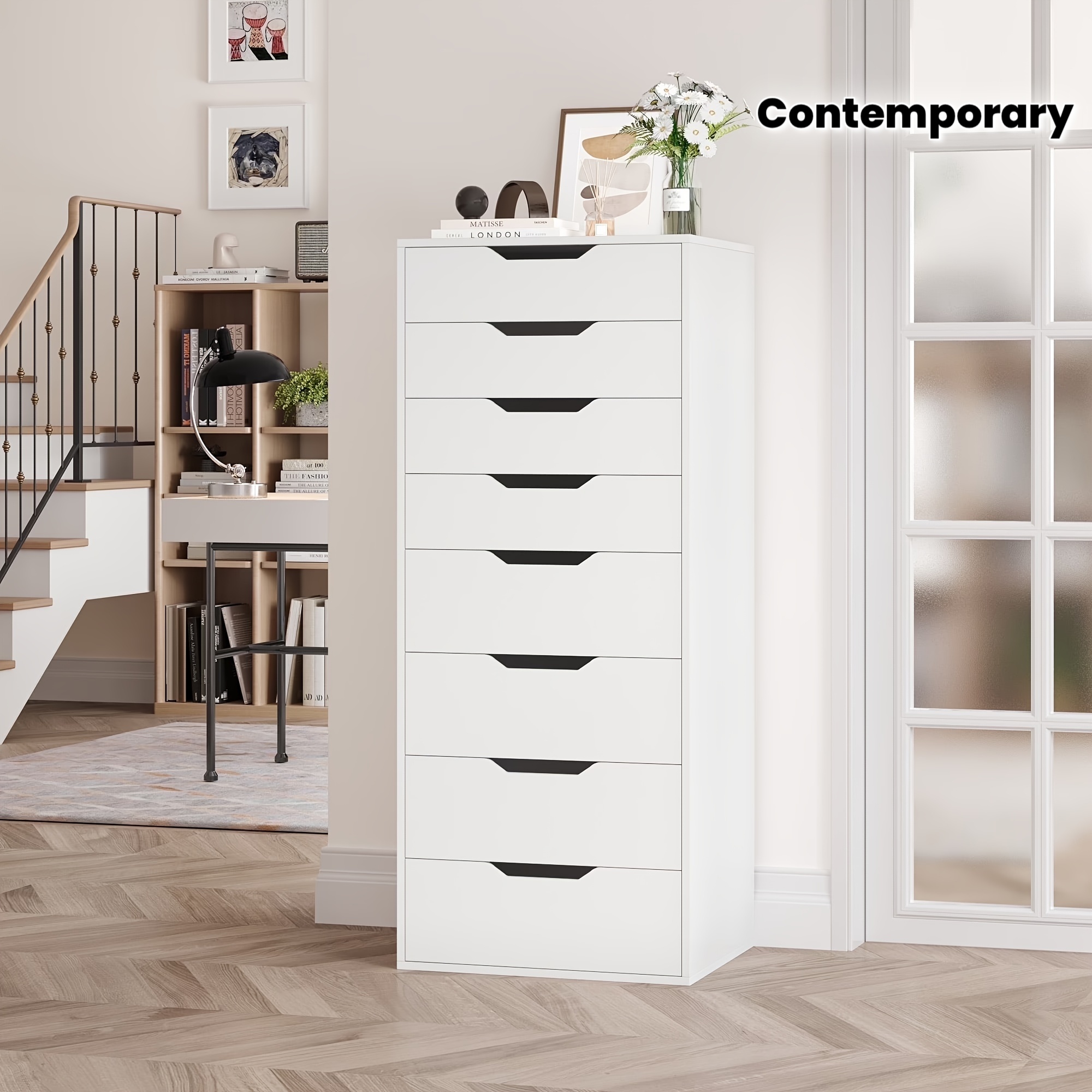 8 Drawer File Cabinet | Wood Filing Cabinet Under Desk, Vertical Small Filing Cabinet Fits Letter, Legal, A4 Size, Contemporary Hardwood, Floor Mount, Assembled, For Home Office