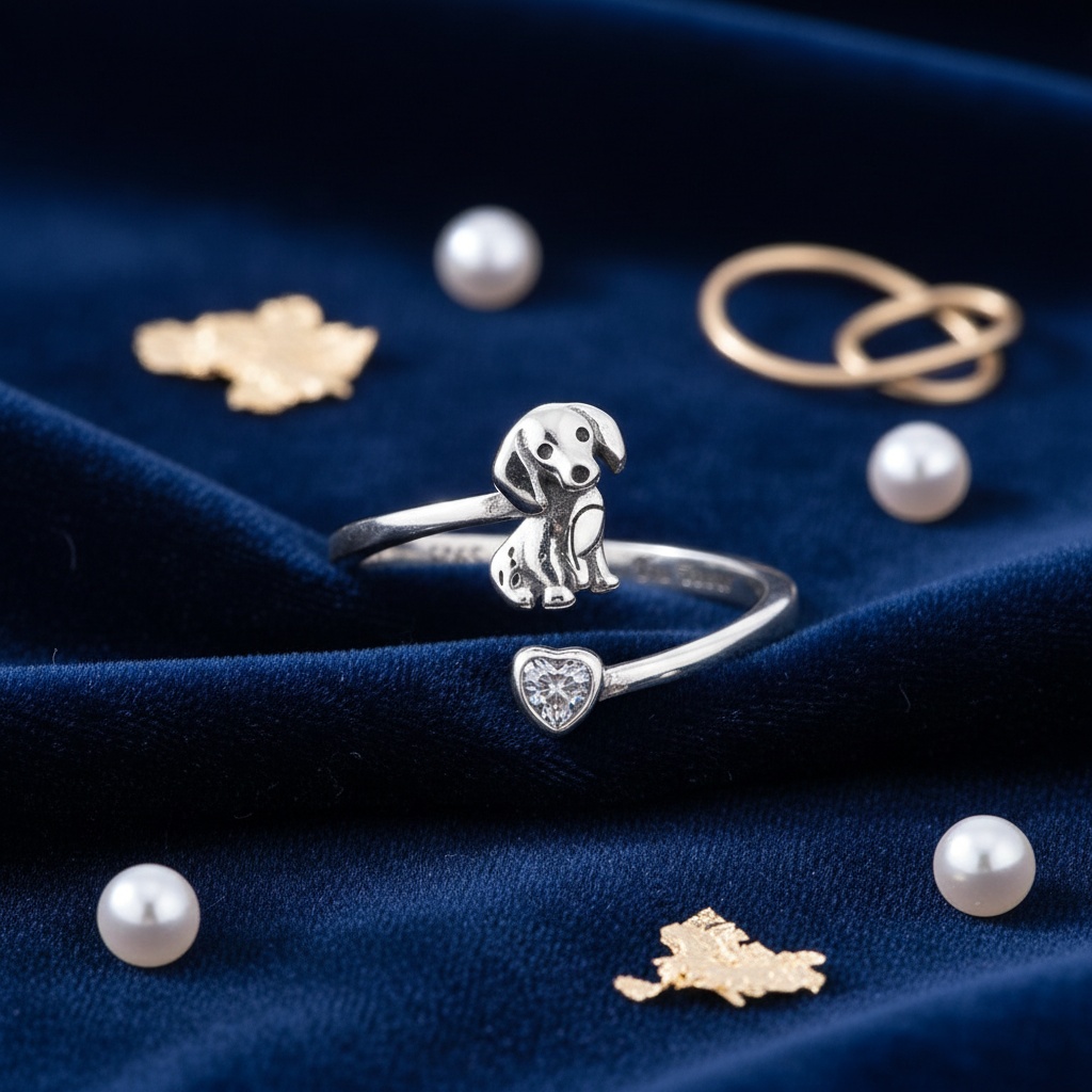 925 Sterling Silver Sausage Dog Pattern Charm Ring — Gift for Dog Lovers