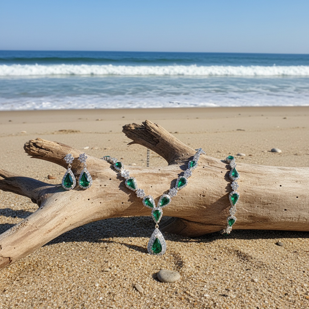 3-delige set luxe groene traanvormige sieraden voor dames, strass-ketting, oorbellen en armband, bruids- en trouwsieraden, geschikt voor gala-avonden, etentjes en kerstcadeaus