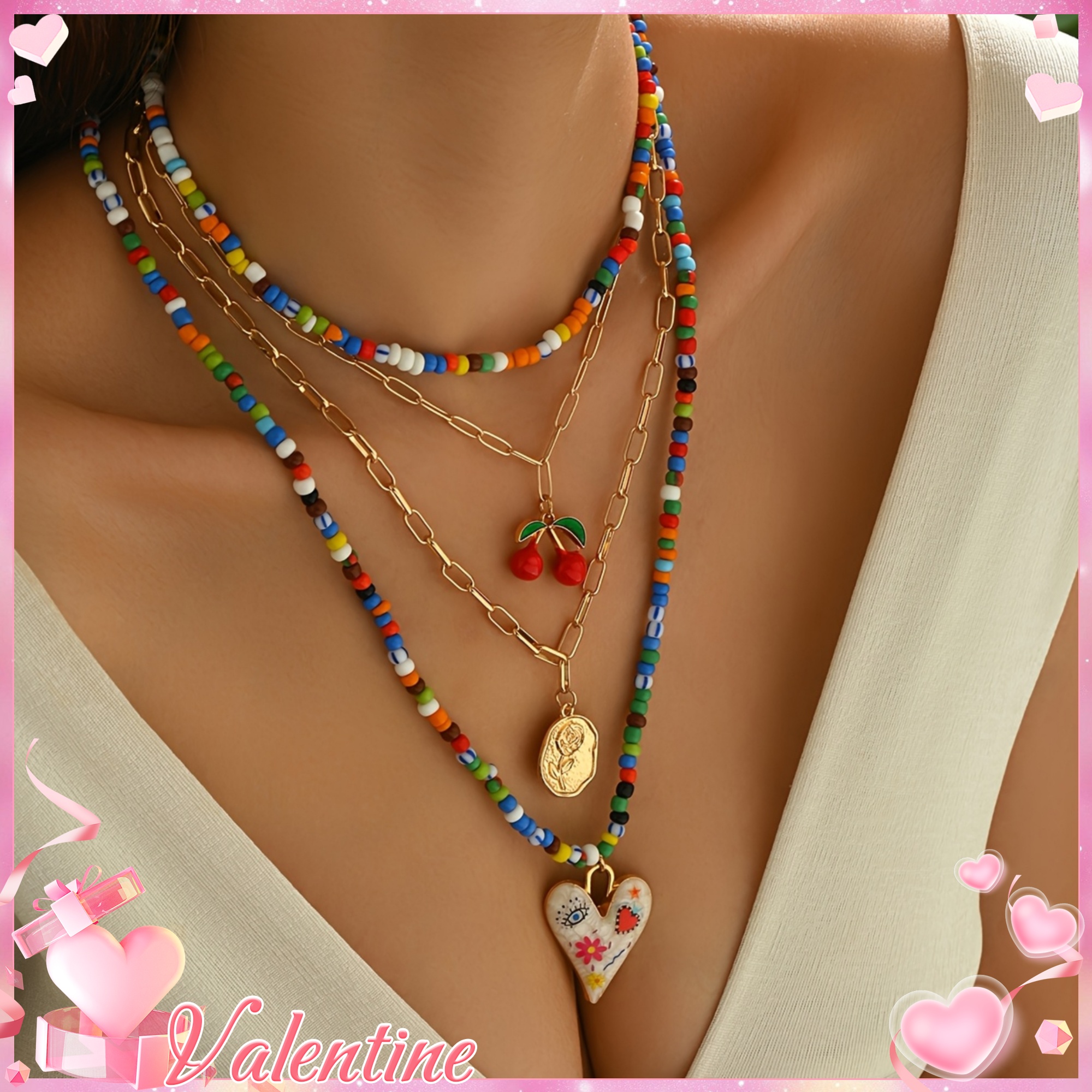 A 4pcs Set of Bohemian-Style Fashionable Colorful Rice Bead Handmade Chokers, Heart Charms