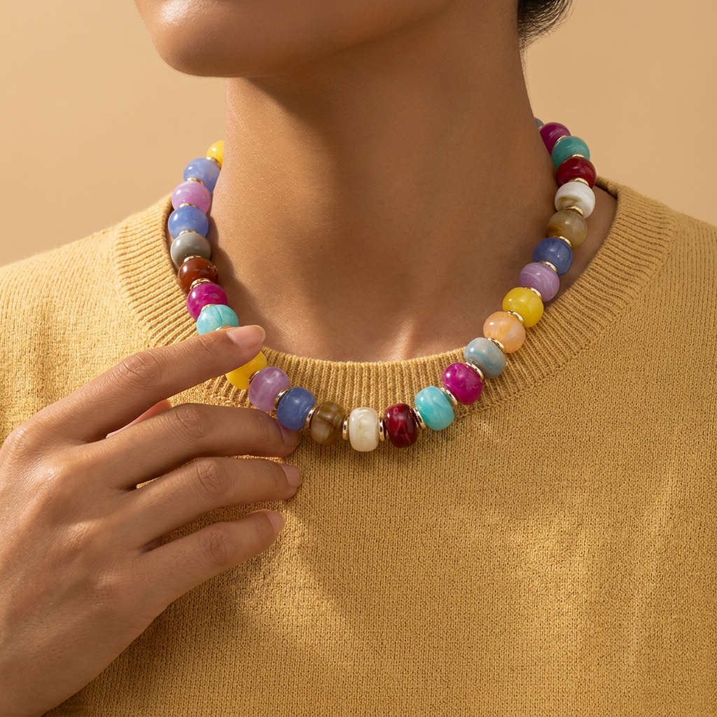 Retro Summer Vacation Beaded Necklace with Mixed Color Flat Beads