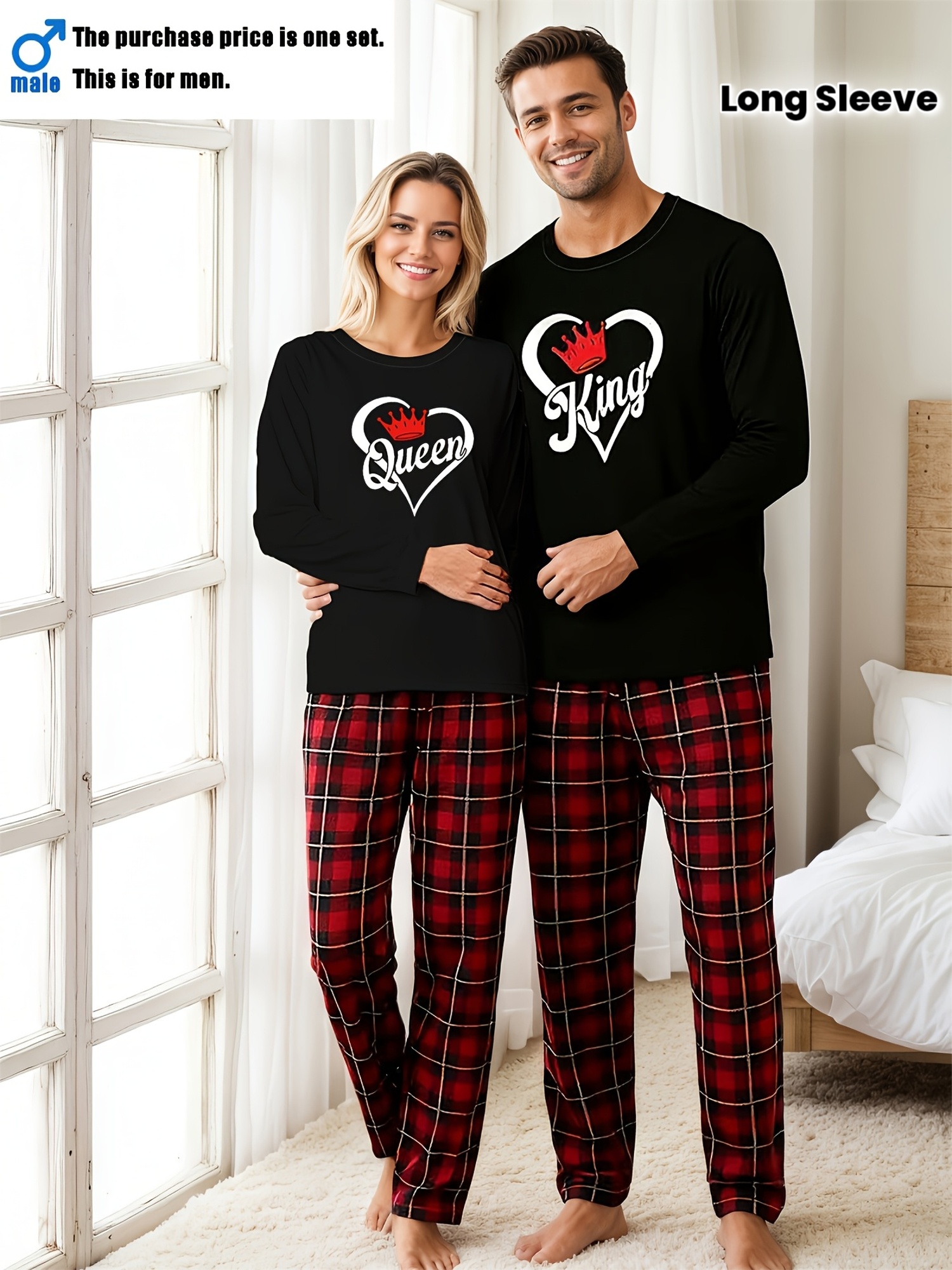 MEN/WOMEN Couple Style King Queen Letter Print Pattern Women's Long Sleeve Long Pants or Men's Long Sleeve Long Pants Loungewear Set, Men's Set or Women's Set, Men's 1pc Top + 1 Pair of Pants or Women's 1pc Top + 1 Pair of Pants