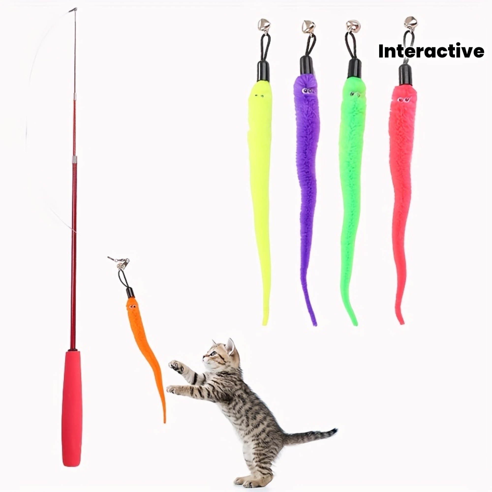 A Three-section Extendable Cat Teaser Wand with 5 Replaceable for CATERPILLAR Heads, a Set of Interactive Cat Toys for Play