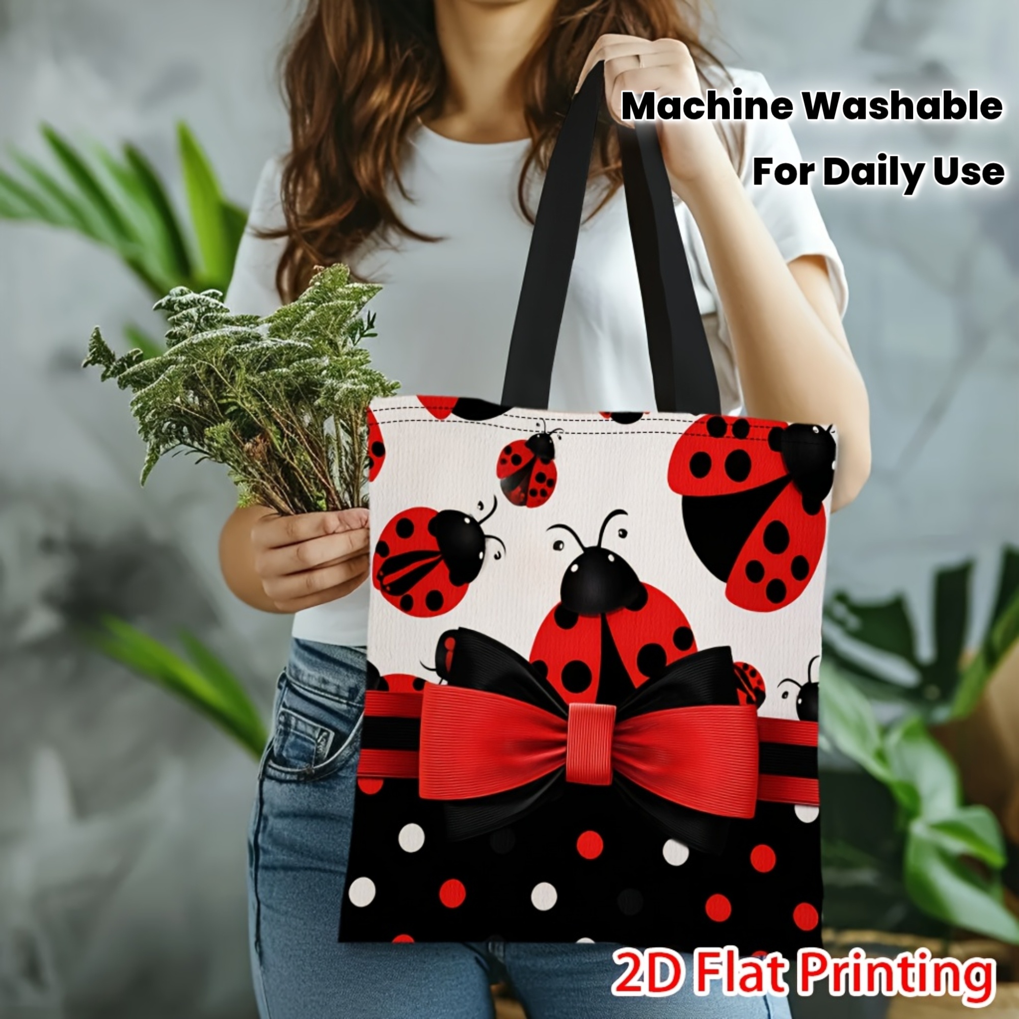 TEMU 1pc 2d Flat Printing Tote Bag, Featuring Red And Black . This Durable Bag Is Lightweight And Perfect For Daily Use Or As A Gift Bag