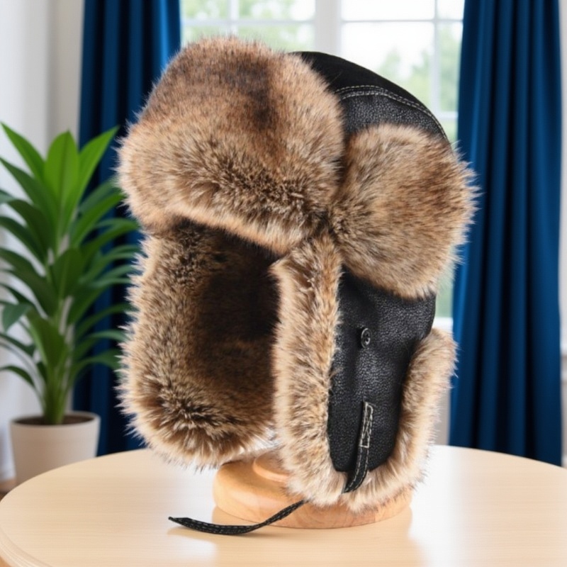 Faux Leather Winter Trapper Hat Snow Cap with Ear Flap for Men