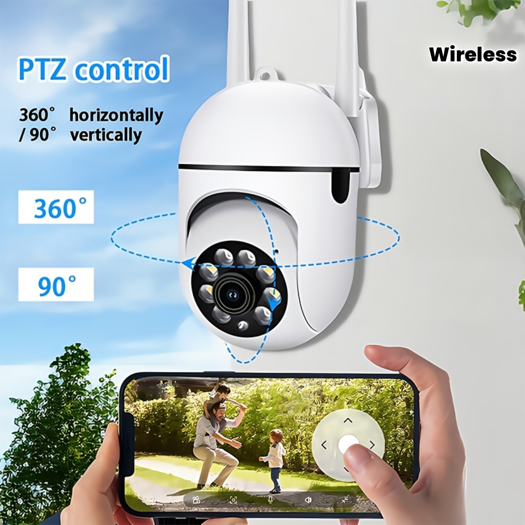 imagen del artículo cámara de seguridad inteligente inalámbrica de 1 pieza con visión nocturna a color, cámara wifi 1080p hd para interior/exterior, adecuada para monitoreo   y mascotas, audio bidireccional, panorámica/inclinable/zoom, seguimiento de movimiento, ptz, aplicación, funcionamiento a   voltaje