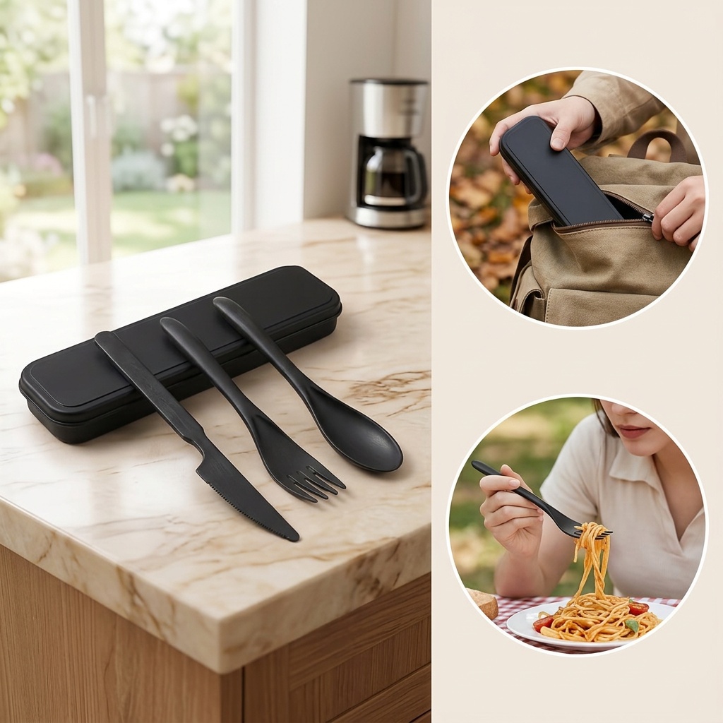3-In-1 Camping Cutlery Set with Storage Box, Reusable Tableware