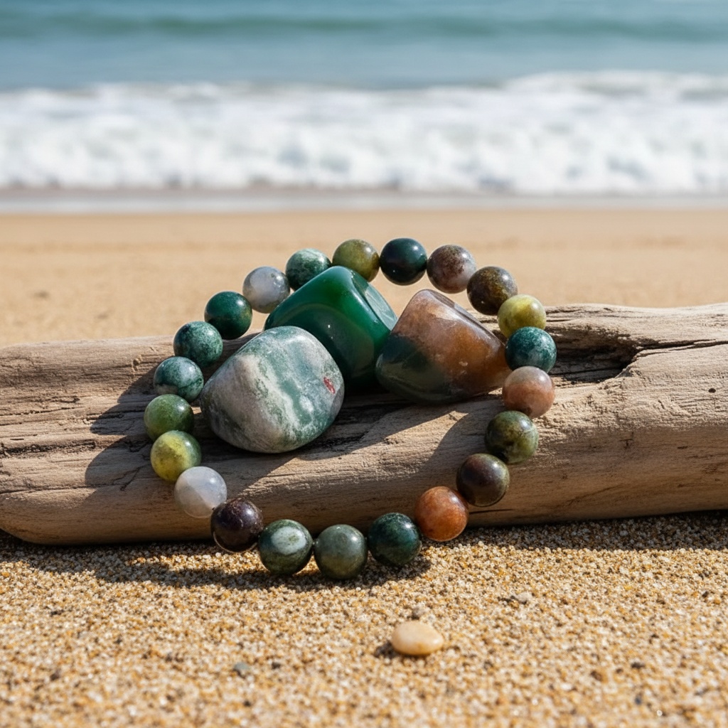 Indian Agate Beaded Bracelet, Unisex Boho-Chic Fashion