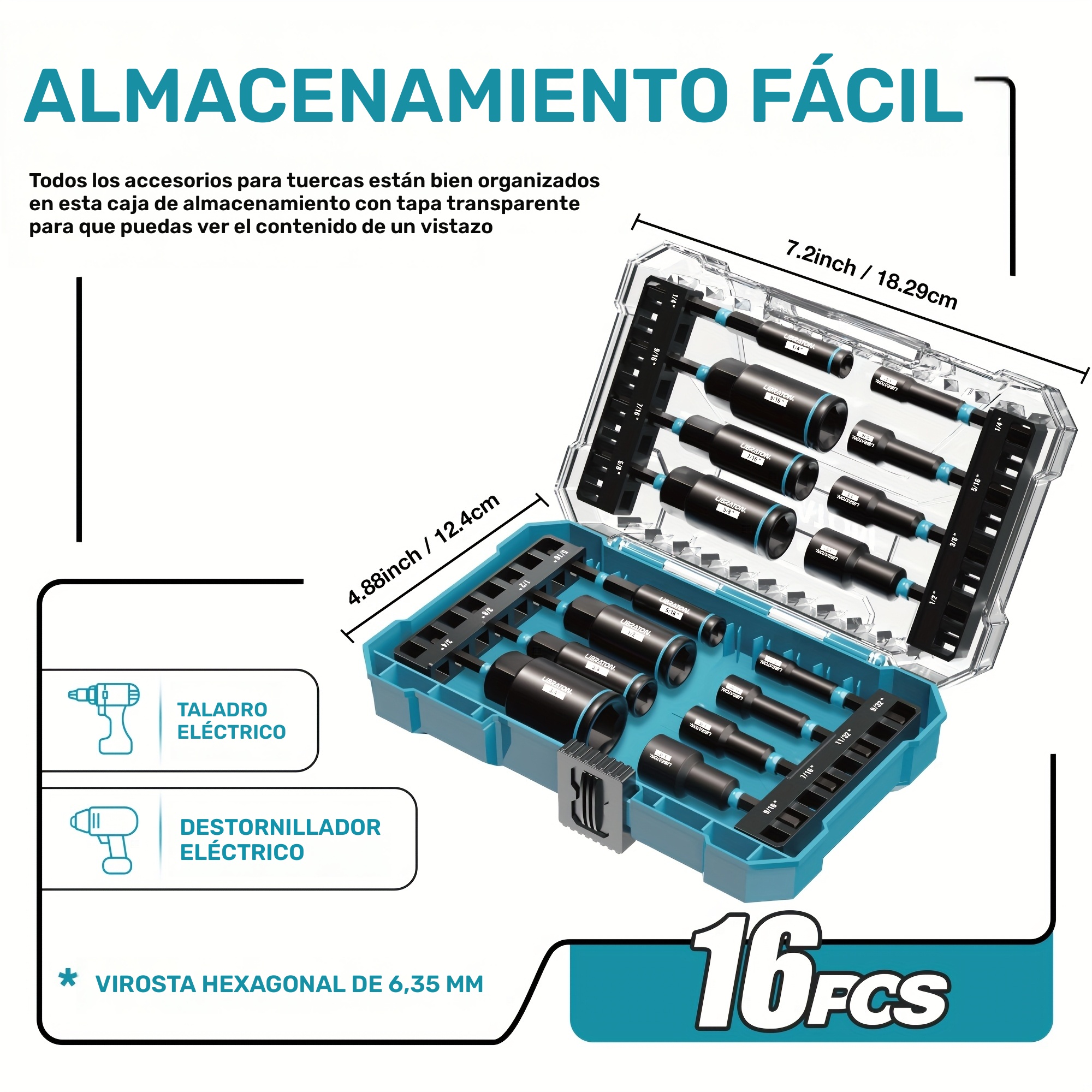 Juego de 16 piezas de desarmadores magnéticos y profundos para tuercas LIBRATON, de 1/4" a 9/16" y de 1/4" a 4/3" (3 pulgadas de largo), con vástago de 1/4" para cambio rápido, ideal para espacios reducidos, compatible con taladros de impacto - Imagen 7