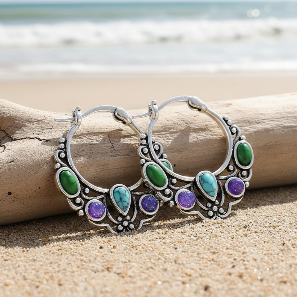 Women's Silvery Color Synthetic Turquoise Stud Hoop Earrings