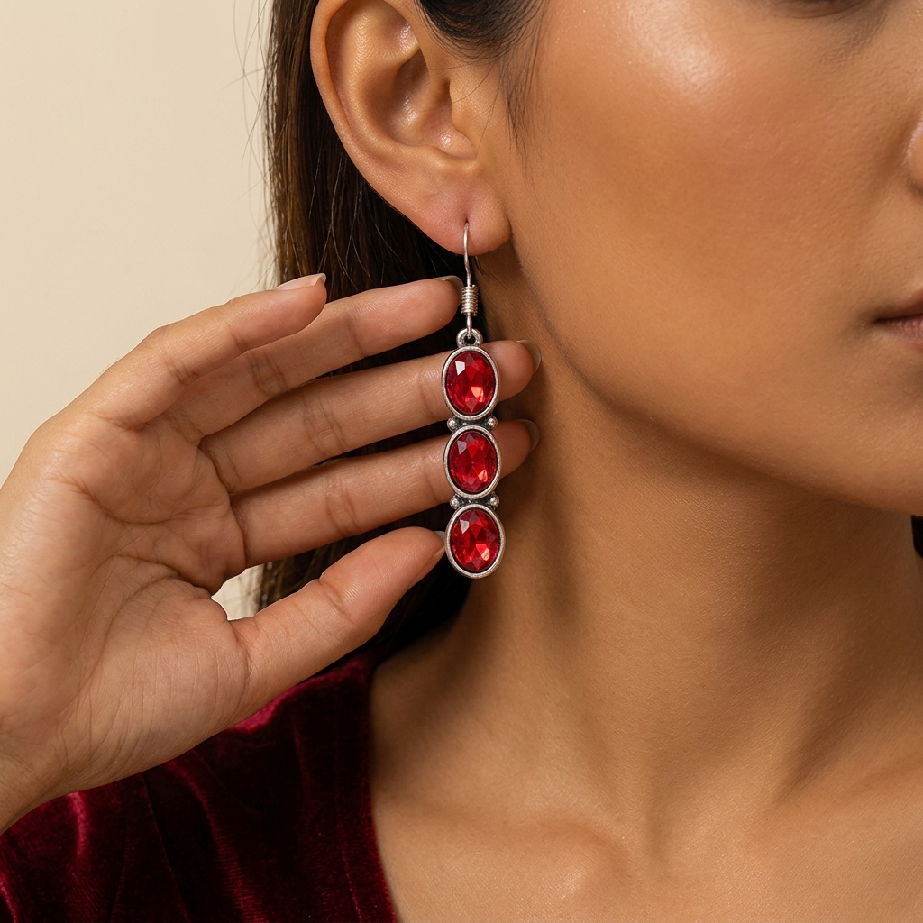 Women's Retro Ruby-Colored Crystal Long Dangle Earrings