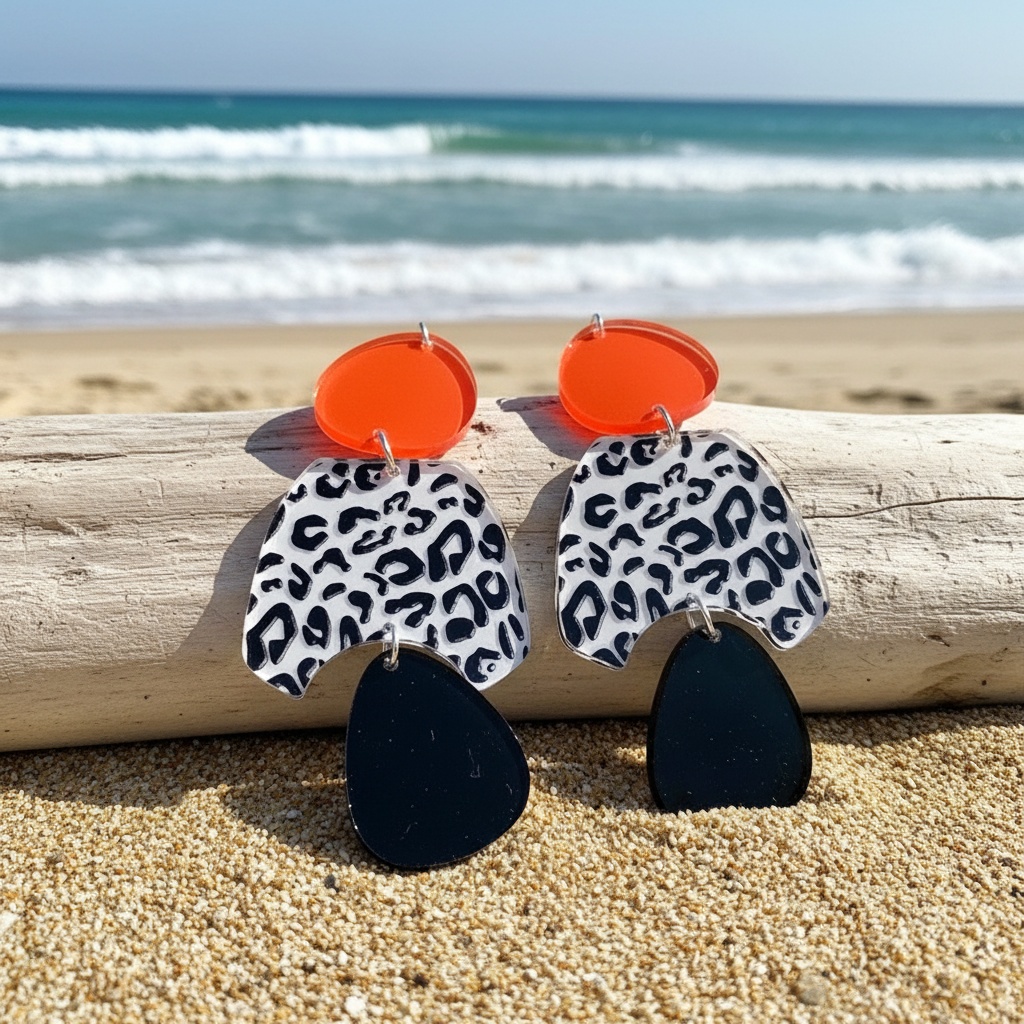 Women's Long Acrylic Earrings with Red Leopard Print, Bold Style