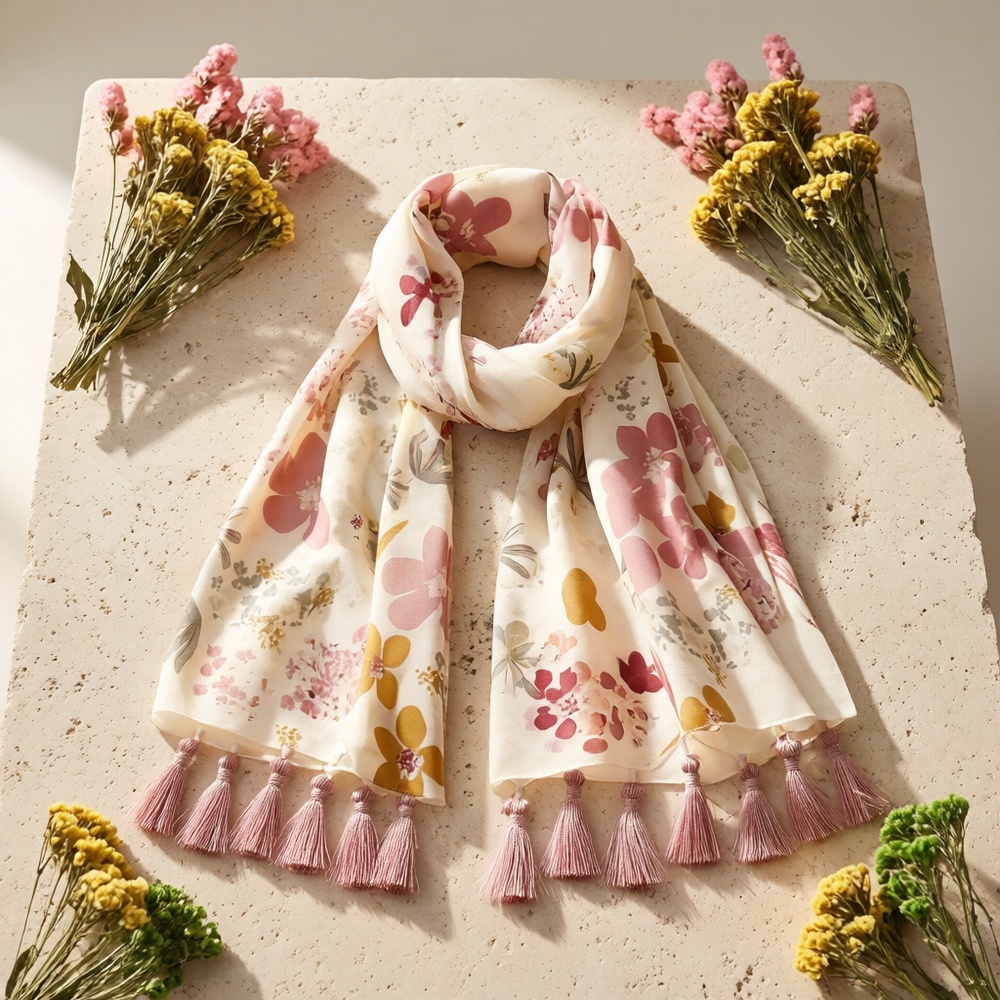 Elegant Floral Tassel Scarf, Thin Bali Chiffon Sunscreen Shawl