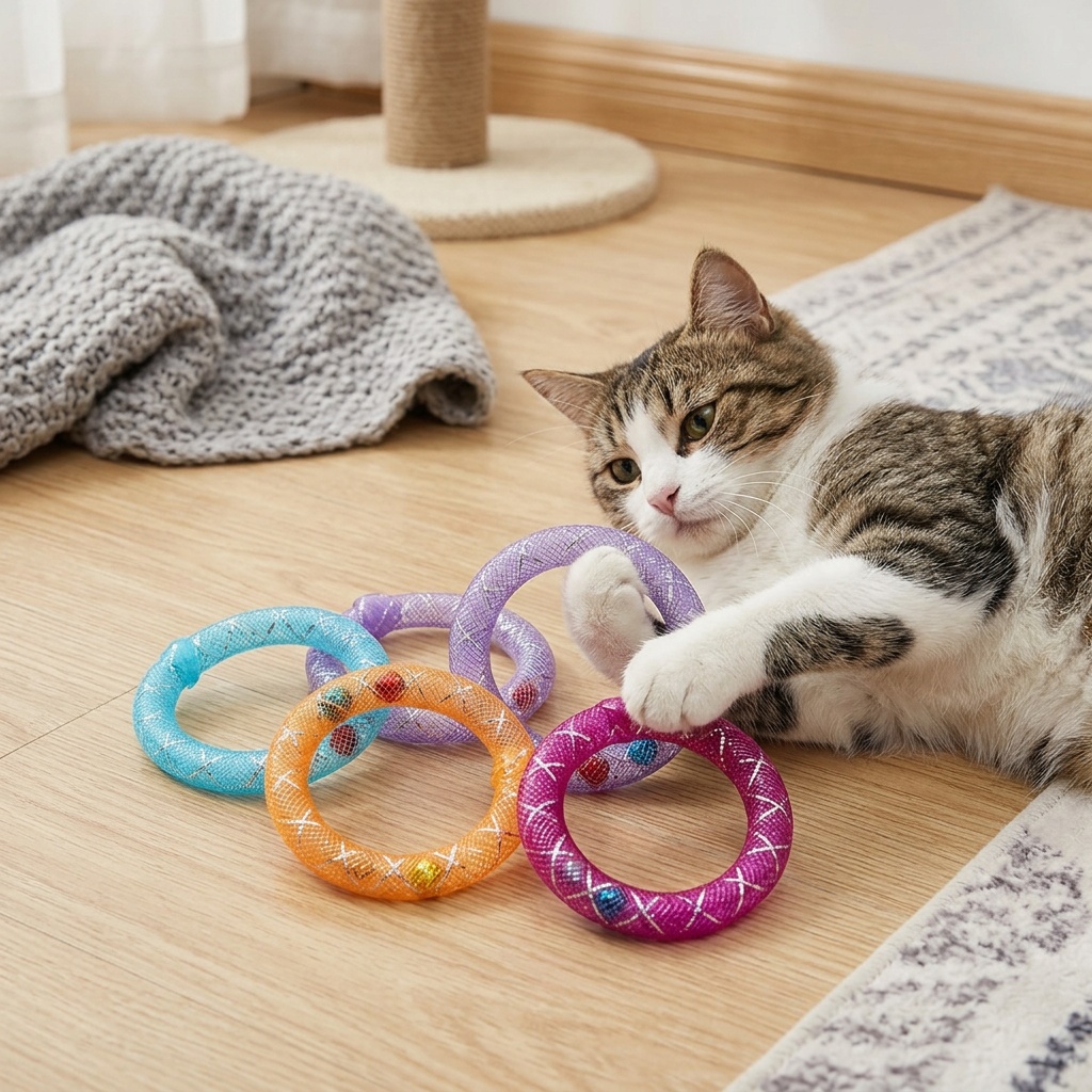   random color donut   toy interactive mesh tube chew toy colorful durable plastic pet non herbal material indoor cat   chewing jumping toy 2 16 inches colorful interactive cat educational toy pet safe material a must have Product details 6