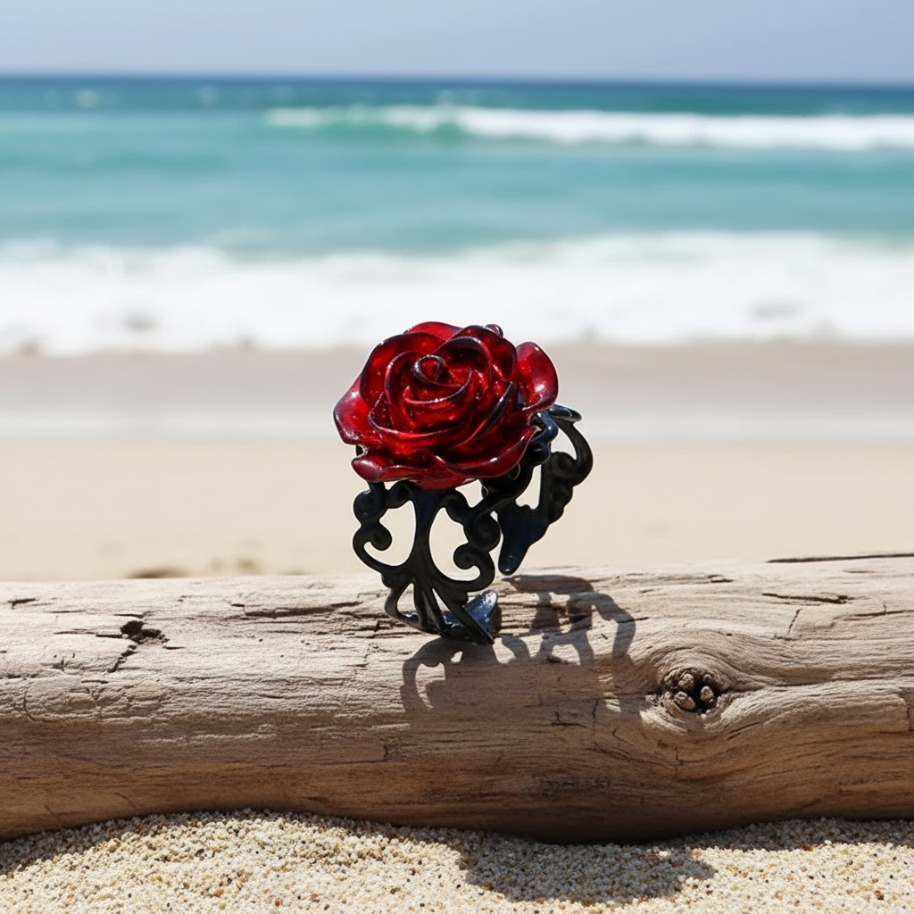 Gothic Dark Red Rose Flower Adjustable Ring