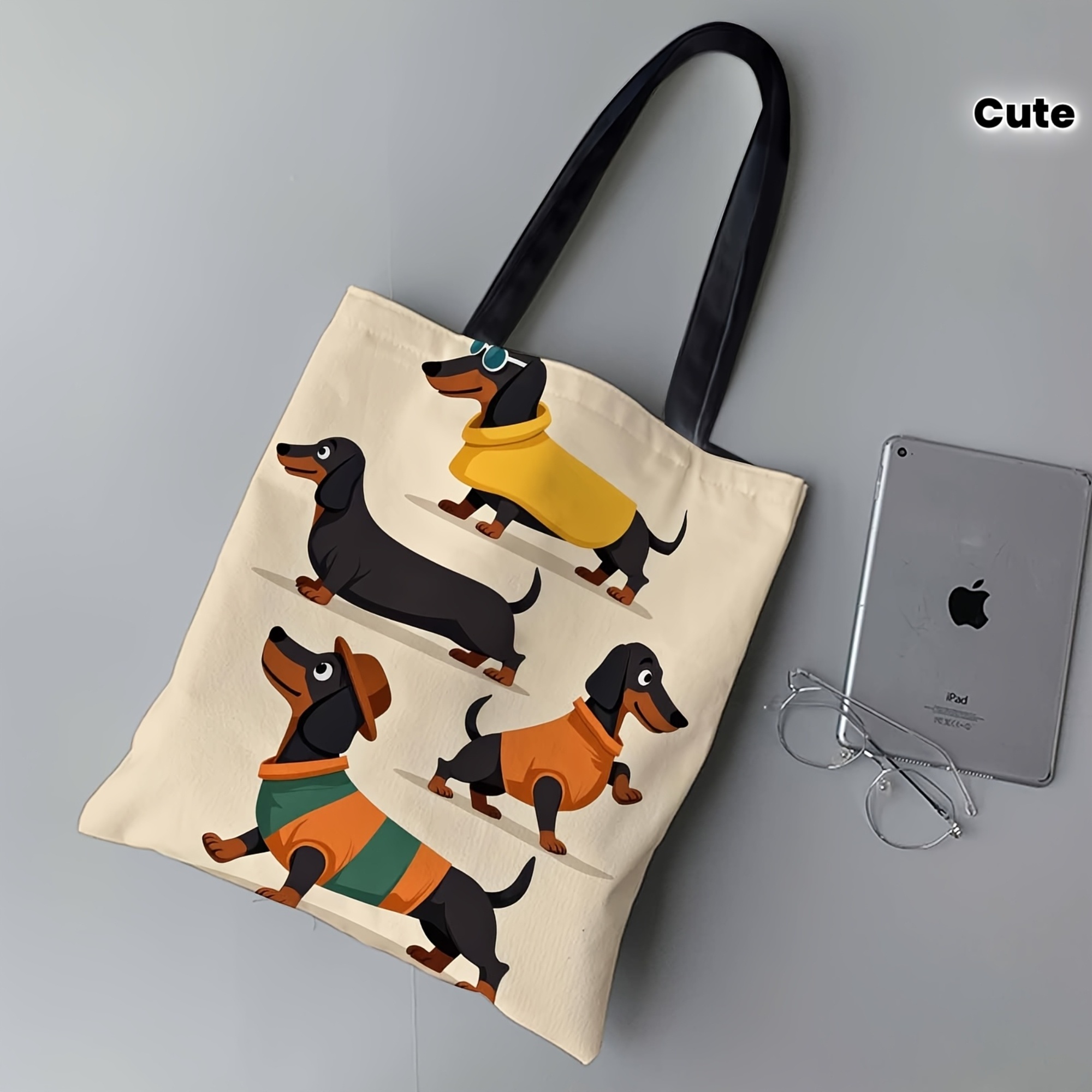 TEMU 1pc Double-sided Printing Dachshund-themed Printed Tote Bag - Cute Multi-functional Gift Bag For Relatives , Suitable For Outdoor Travel,