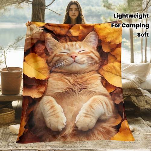 photo de l'article couverture en flanelle 1 pièce, impression numérique 2d à plat sur le thème réaliste dun chat tigré orange dautomne - 100 % fibre de , convient à toutes , légère et chaude, aux lits, canapés et autres scènes, avec un style dillustration réaliste et
