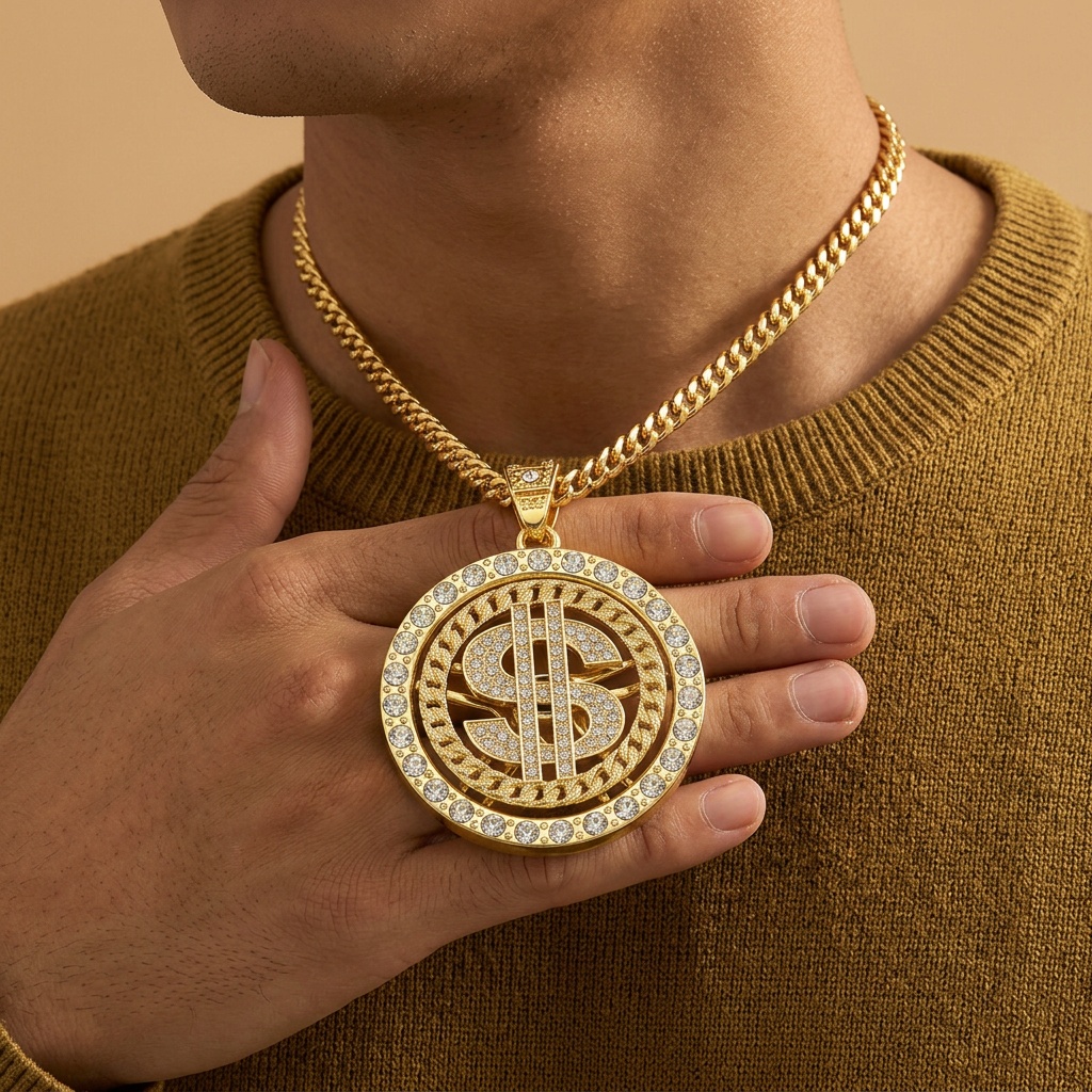 Rotating Pendant Necklace with USD Currency & Cuban Chain