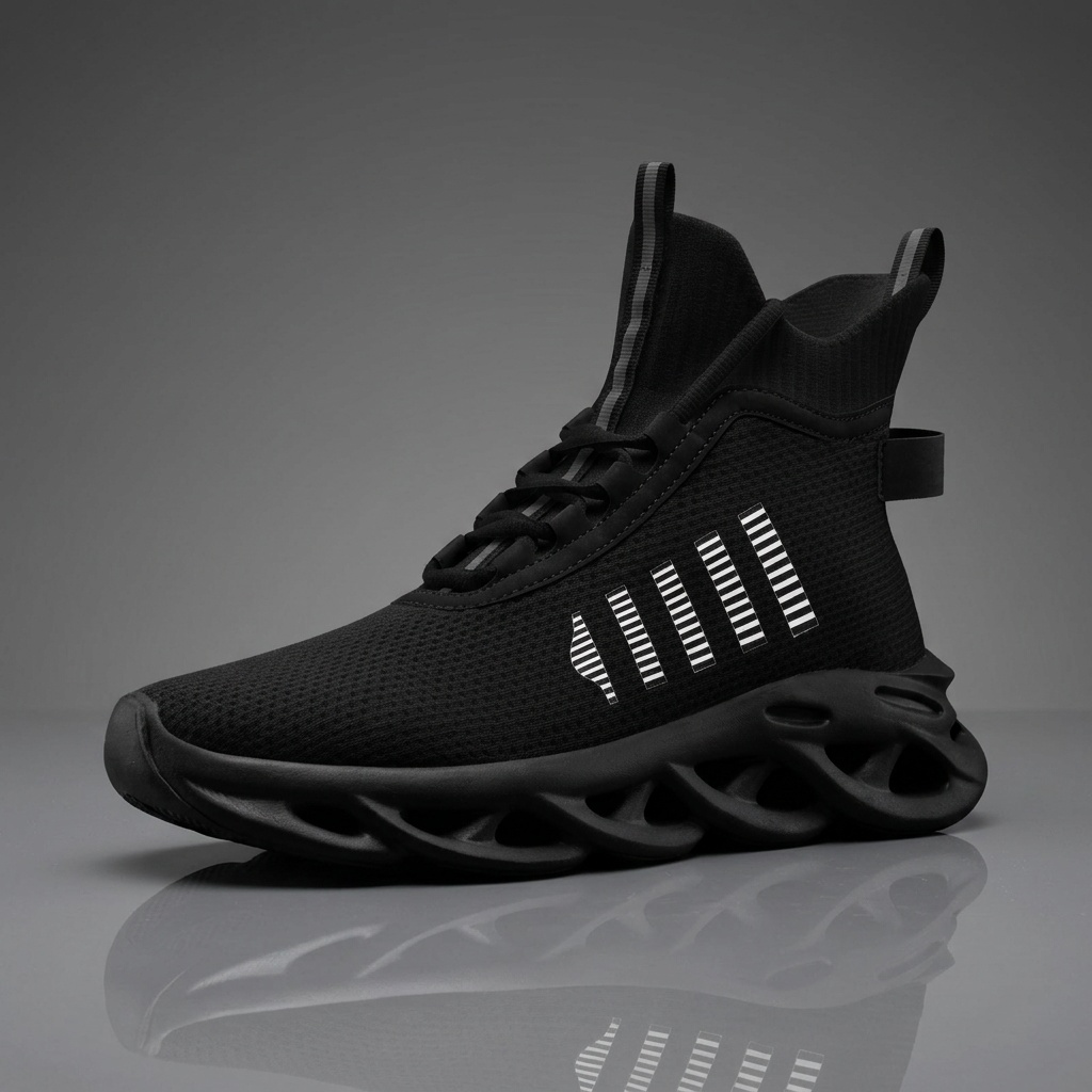 Men's White Black Graphic Stripe Sneakers, Lightweight & Breathable
