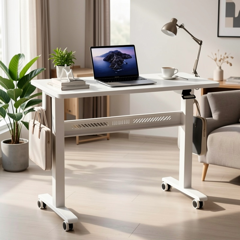 Wheeled Mobile Standing Desk, Pneumatically Adjustable Height Desk for Walking, Rolling Computer Workstation for Home Office