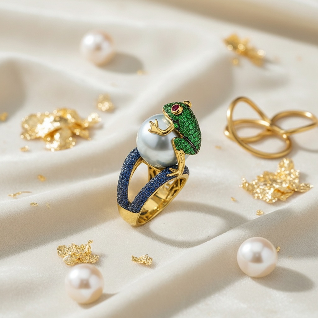 Fashionable Golden Frog Ring, Imitation Pearl Design